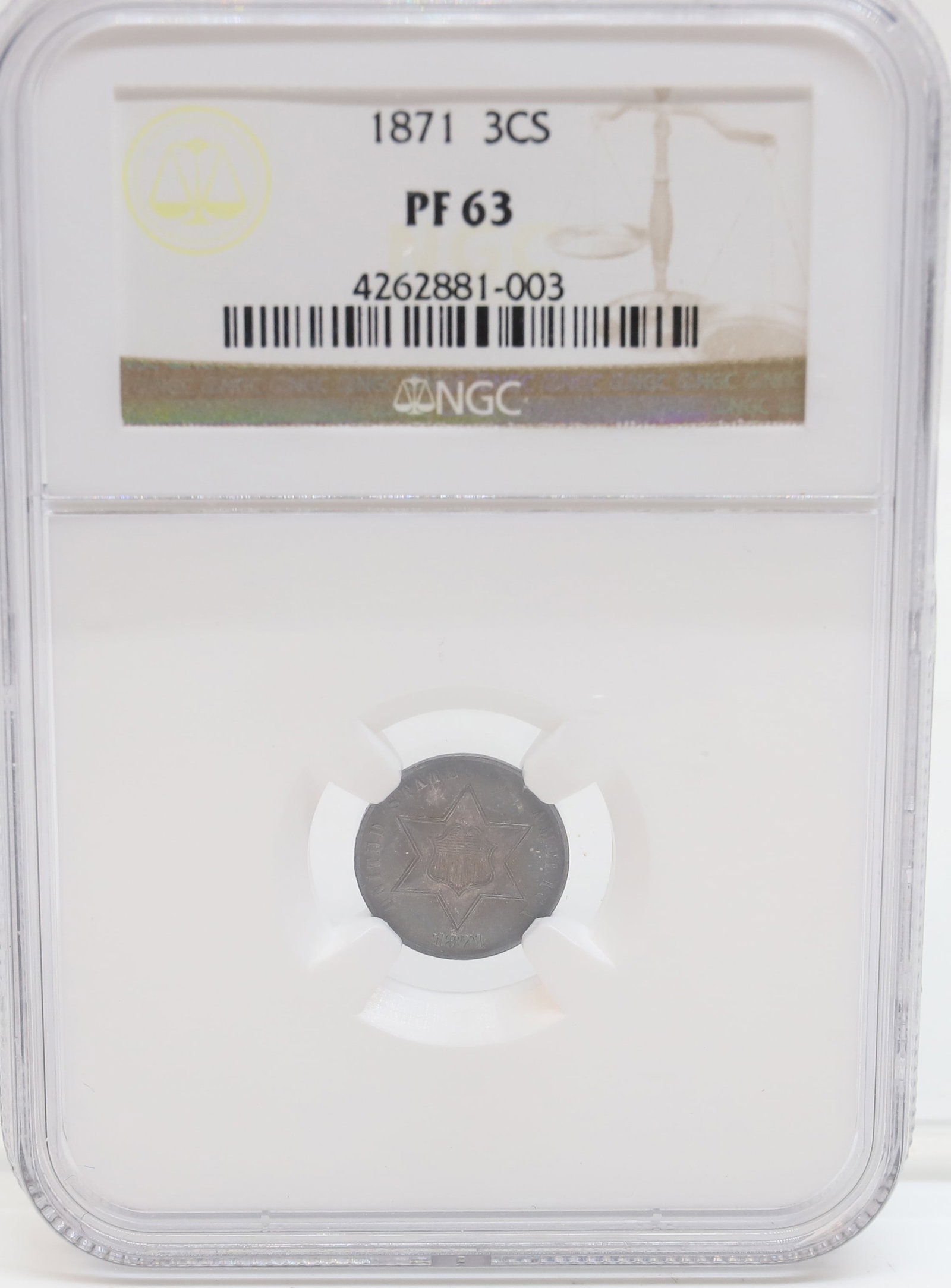 1871 3 CENT SILVER: NGC GRADED, PF 63 PLEASE READ CAREFULLY - PREVIEW FOR THIS AUCTION WILL BE THE DAY OF THE SALE FROM 9:00 AM TILL 1:00 PM AT THE START OF THE AUCTION - SINCE THIS IS A COIN SALE PLEASE NOTE. ITEMS