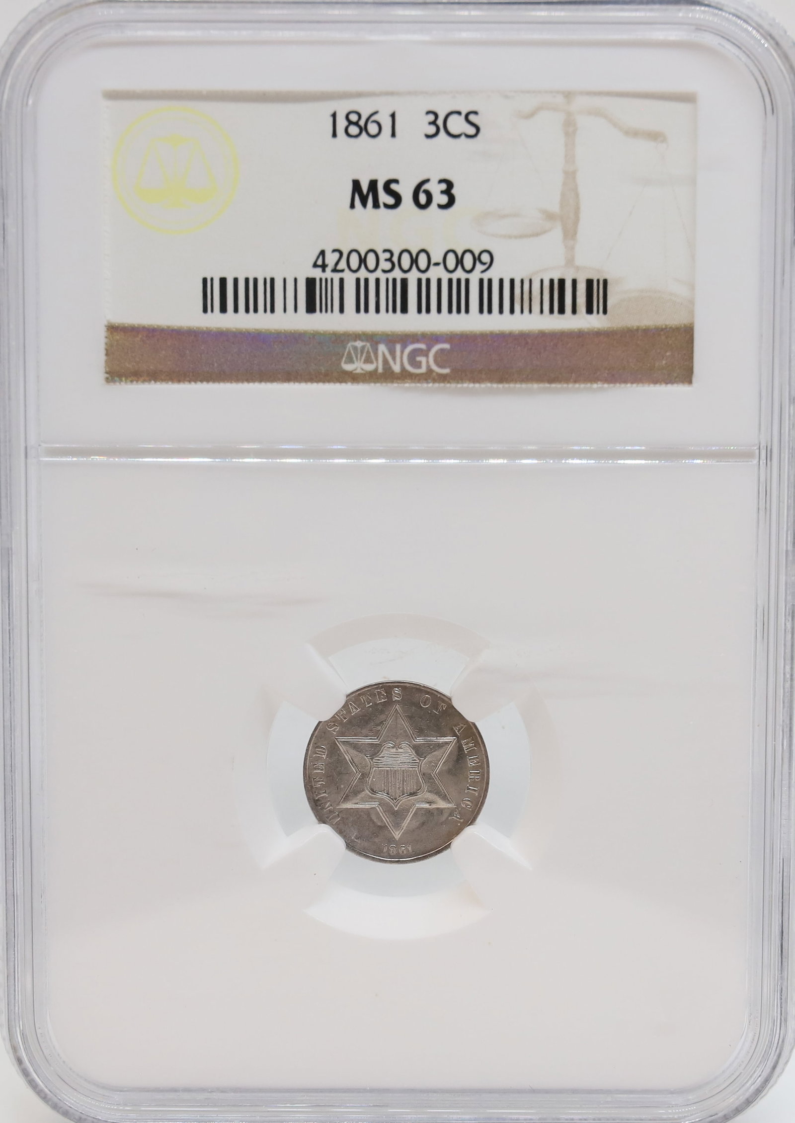1861 3 CENT SILVER: NGC GRADED, MS 63 PLEASE READ CAREFULLY - PREVIEW FOR THIS AUCTION WILL BE THE DAY OF THE SALE FROM 9:00 AM TILL 1:00 PM AT THE START OF THE AUCTION - SINCE THIS IS A COIN SALE PLEASE NOTE. ITEMS