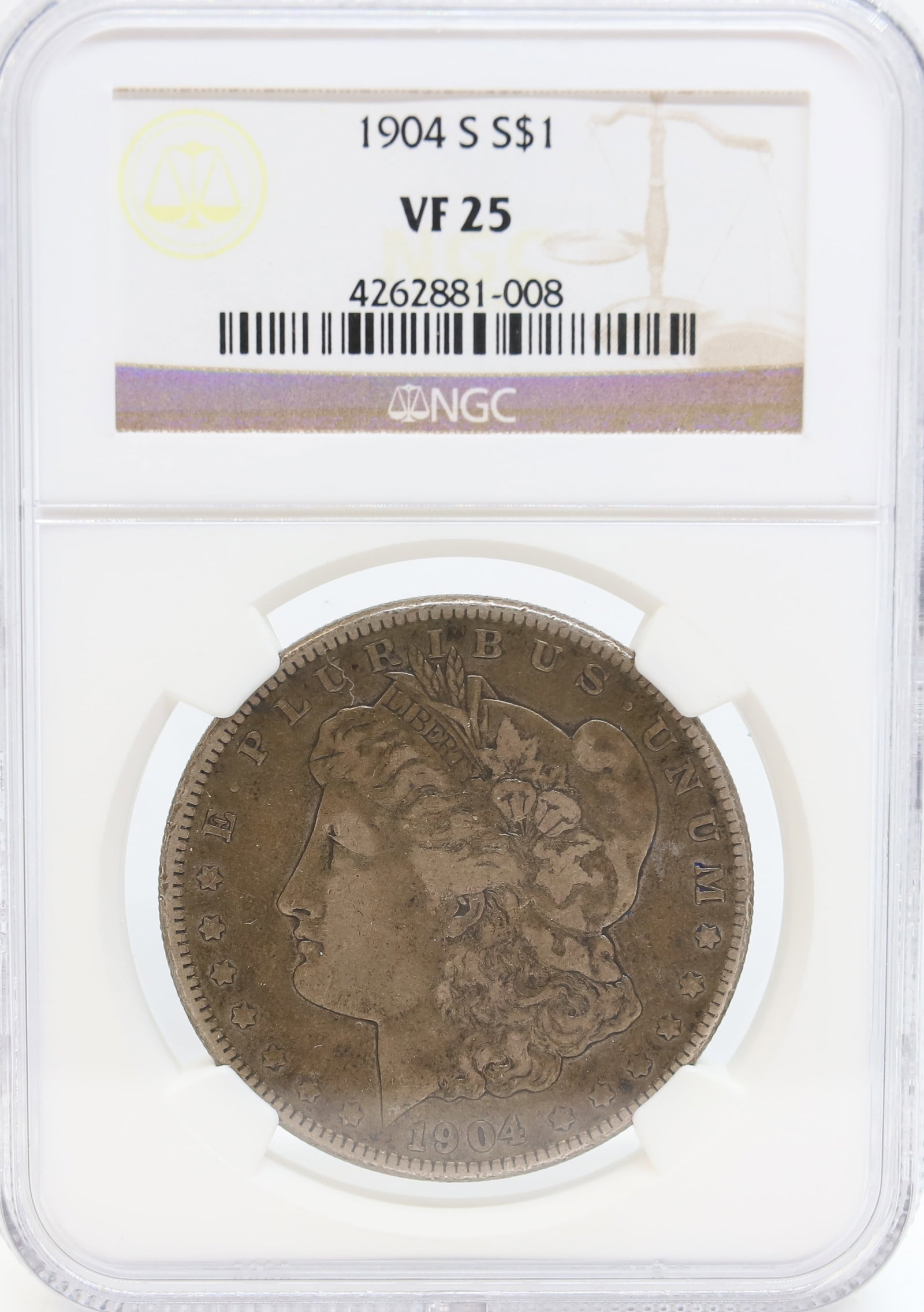 1904 S MORGAN DOLLAR: NGC GRADED, VF 25 PLEASE READ CAREFULLY - PREVIEW FOR THIS AUCTION WILL BE THE DAY OF THE SALE FROM 9:00 AM TILL 1:00 PM AT THE START OF THE AUCTION - SINCE THIS IS A COIN SALE PLEASE NOTE. ITEMS MUST