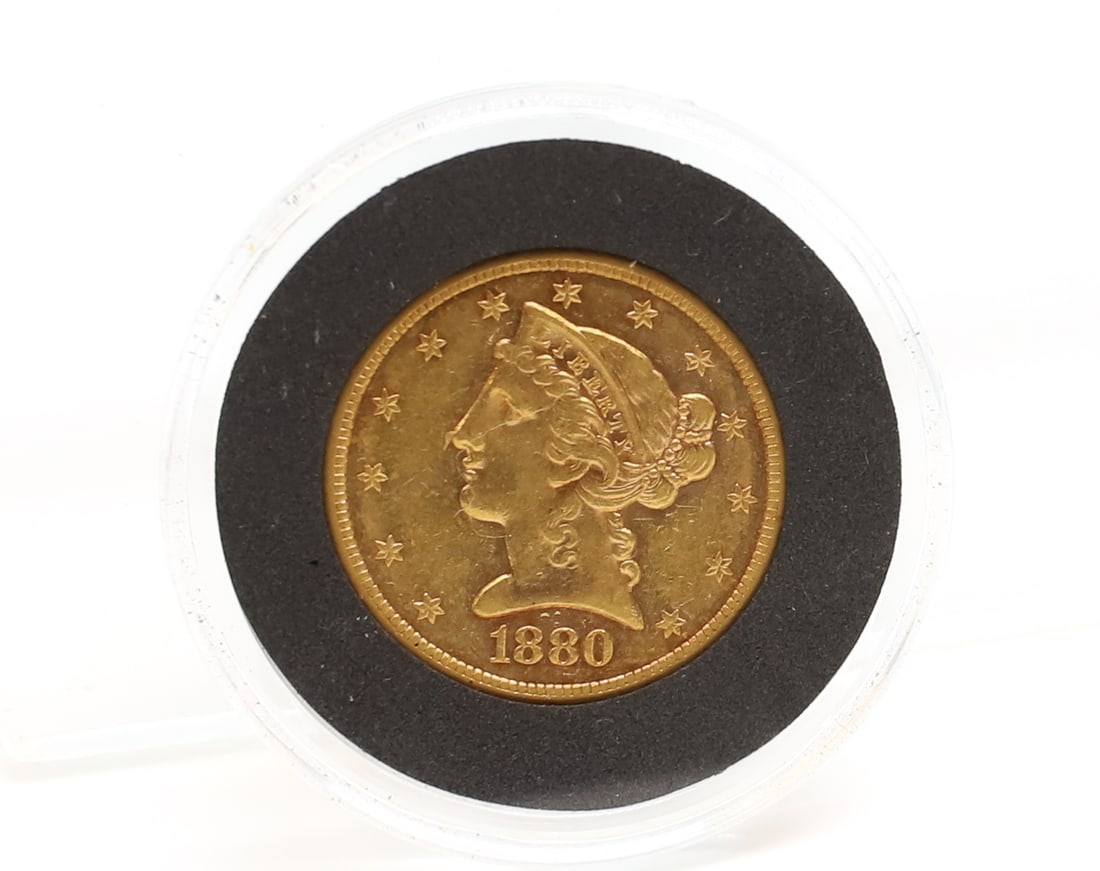 1880 S, U.S. $5.00 GOLD: NO GRADE PLEASE READ CAREFULLY - PREVIEW FOR THIS AUCTION WILL BE THE DAY OF THE SALE FROM 9:00 AM TILL 1:00 PM AT THE START OF THE AUCTION - SINCE THIS IS A COIN SALE PLEASE NOTE. ITEMS MUST BE PAID 