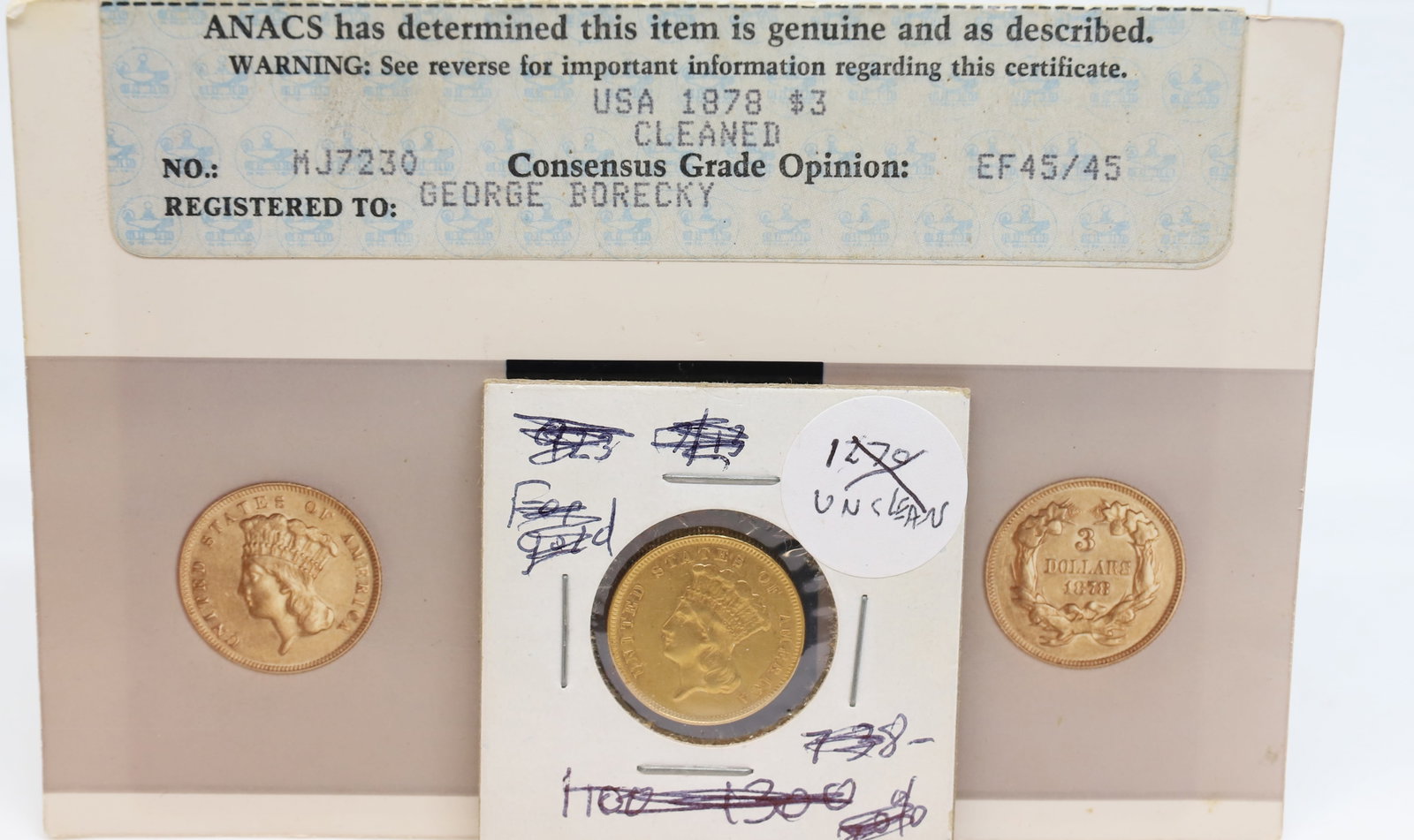 U.S. 1878 $3.00 GOLD: ANACS, EF 45, CLEANED PLEASE READ CAREFULLY - PREVIEW FOR THIS AUCTION WILL BE THE DAY OF THE SALE FROM 9:00 AM TILL 1:00 PM AT THE START OF THE AUCTION - SINCE THIS IS A COIN SALE PLEASE NOTE. ITEMS
