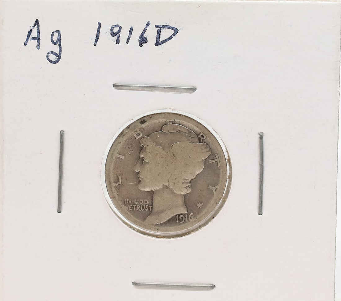 1916 D MERCURY DIME: NO GRADED PLEASE READ CAREFULLY - PREVIEW FOR THIS AUCTION WILL BE THE DAY OF THE SALE FROM 9:00 AM TILL 1:00 PM AT THE START OF THE AUCTION - SINCE THIS IS A COIN SALE PLEASE NOTE. ITEMS MUST BE