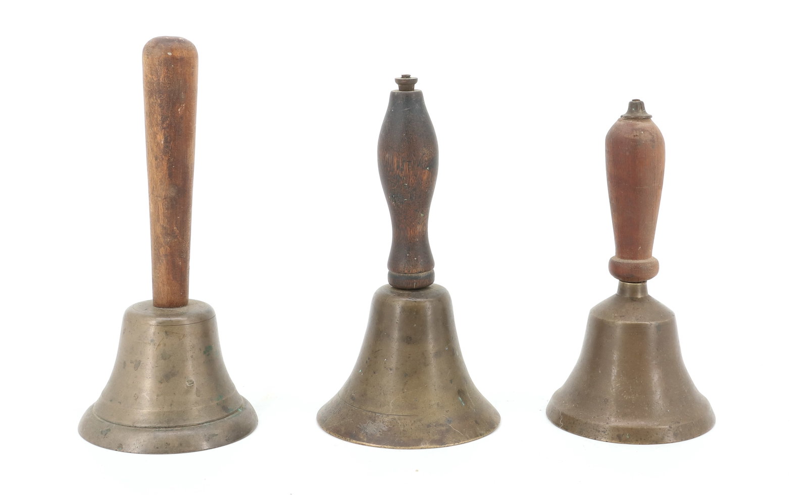 (3) ANTIQUE BRASS BELLS: BRASS BELLS WITH WOODEN HAND GRIPS. 6 1/4" TO 7 1/4" HEIGHTS. PLEASE READ CAREFULLY - ITEMS MUST BE PAID FOR THROUGH LIVE AUCTIONEERS OR WITH CASH OR CHECK IN PERSON - Terms for Purchasing and