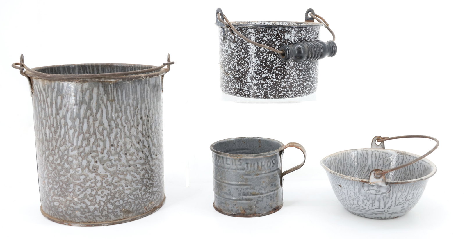 (4) AGATE BUCKETS AND MEASURE: (3) GRAY SWIRL. LARGEST 5 1/2" X 5 1/4". BROWN / WHITE SPECKLED PAIL WITH WOODEN BAIL HANDLE. PLEASE READ CAREFULLY - ITEMS MUST BE PAID FOR THROUGH LIVE AUCTIONEERS OR WITH CASH OR CHECK IN PERSON -