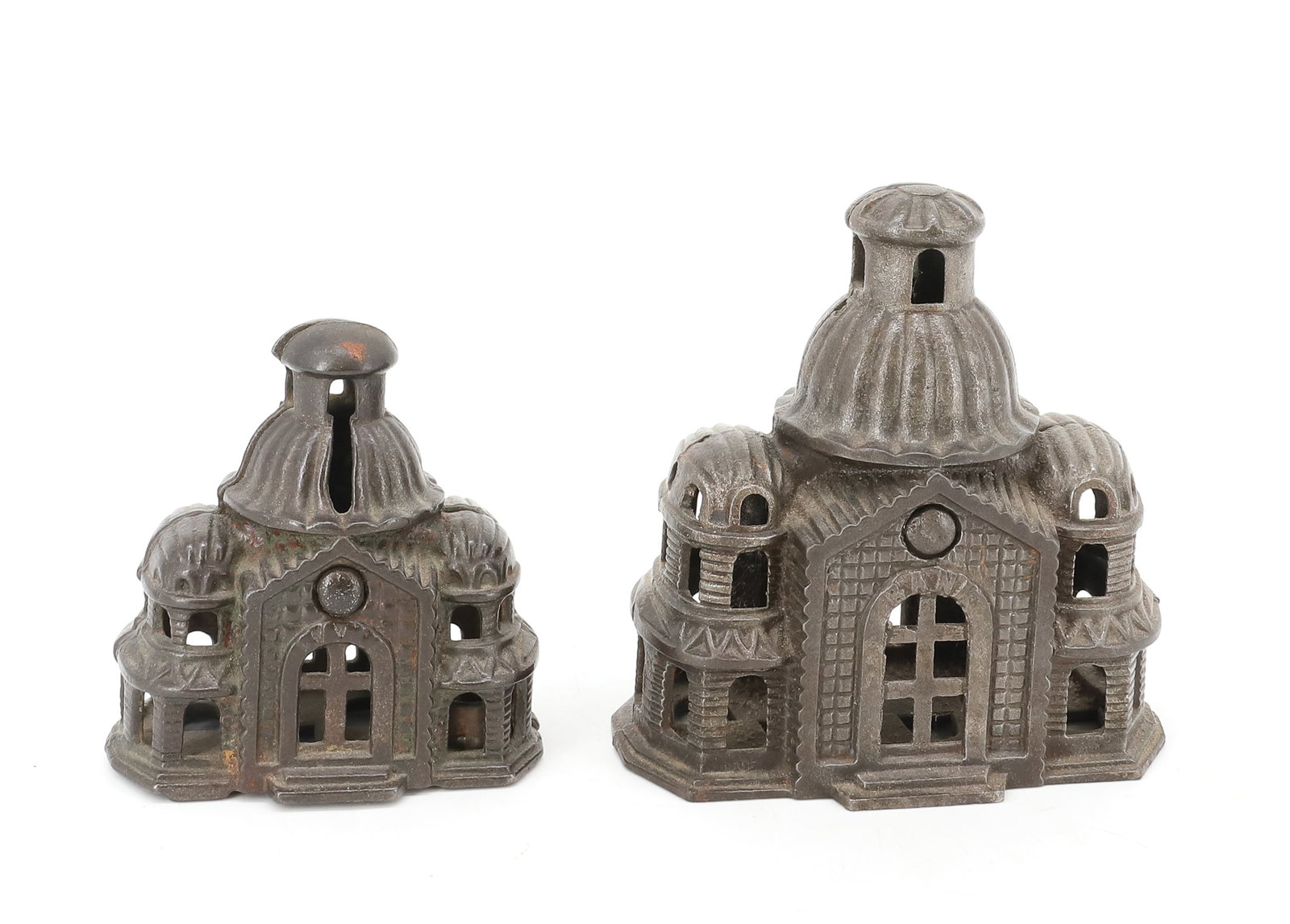 (2) CAST IRON DOMED MOSQUE BANKS: CAST IRON STILL BANKS IN TWO SIZES. 3 1/4" AND 4 1/2" HEIGHTS. PLEASE READ CAREFULLY - ITEMS MUST BE PAID FOR THROUGH LIVE AUCTIONEERS OR WITH CASH OR CHECK IN PERSON - Terms for Purchasing and Shippi