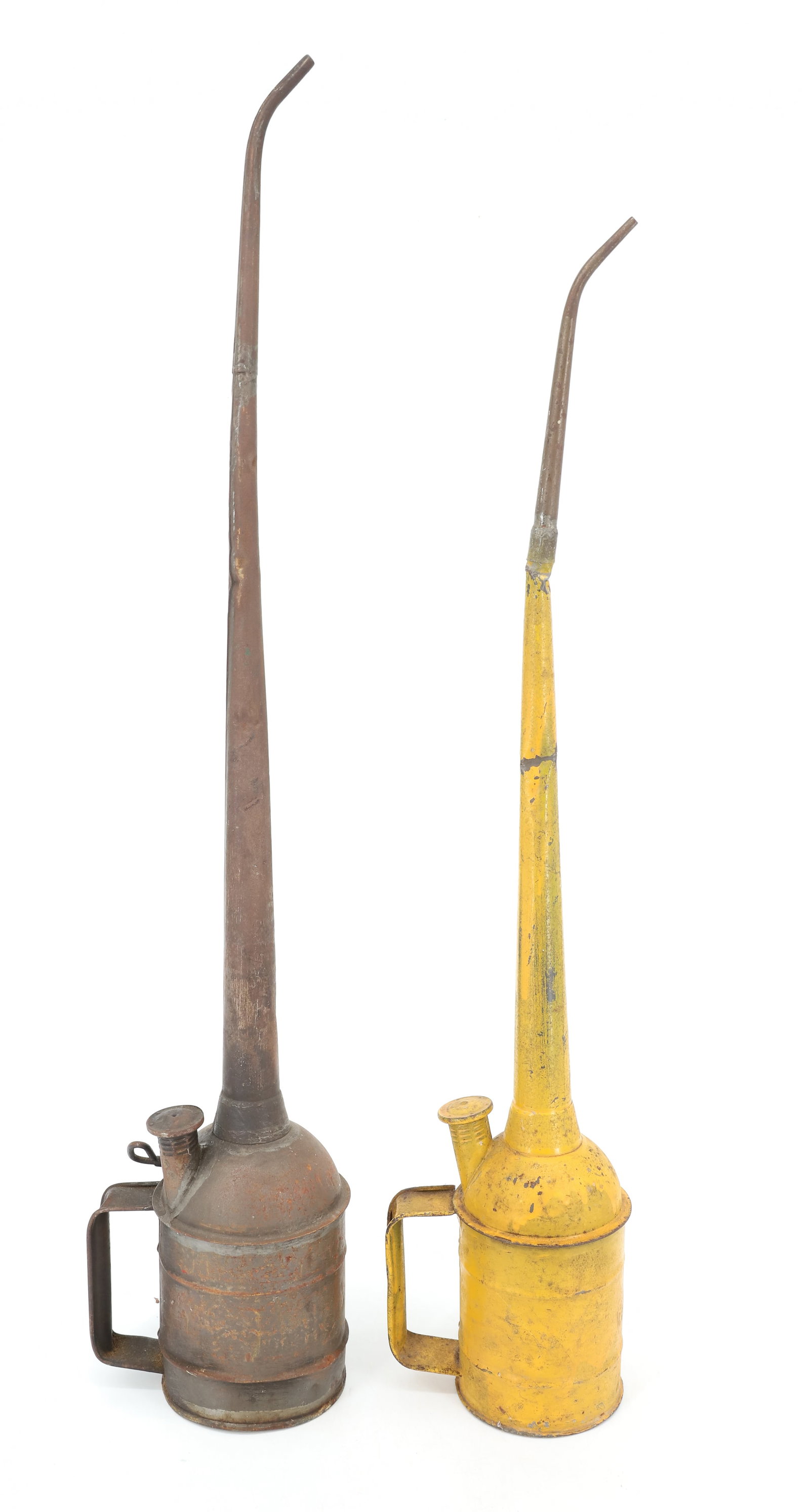 (2) RAILROAD OILERS: YELLOW IS MRKD. "PRR" IN KEYSTONE (PENNSYLVANIA RAILROAD). 26" TO 29 1/4" H. PLEASE READ CAREFULLY - ITEMS MUST BE PAID FOR THROUGH LIVE AUCTIONEERS OR WITH CASH OR CHECK IN PERSON - Terms for