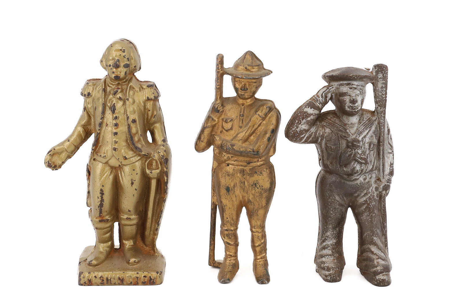 LOT OF (3) CAST IRON STILL BANKS: GEORGE WASHINGTON AND BOY SCOUT (BOTH PAINTED GOLD) WITH SAILOR HOLDING OAR IN SILVER. TALLEST 6 1/4" H. PLEASE READ CAREFULLY - ITEMS MUST BE PAID FOR THROUGH LIVE AUCTIONEERS OR WITH CASH OR CHECK