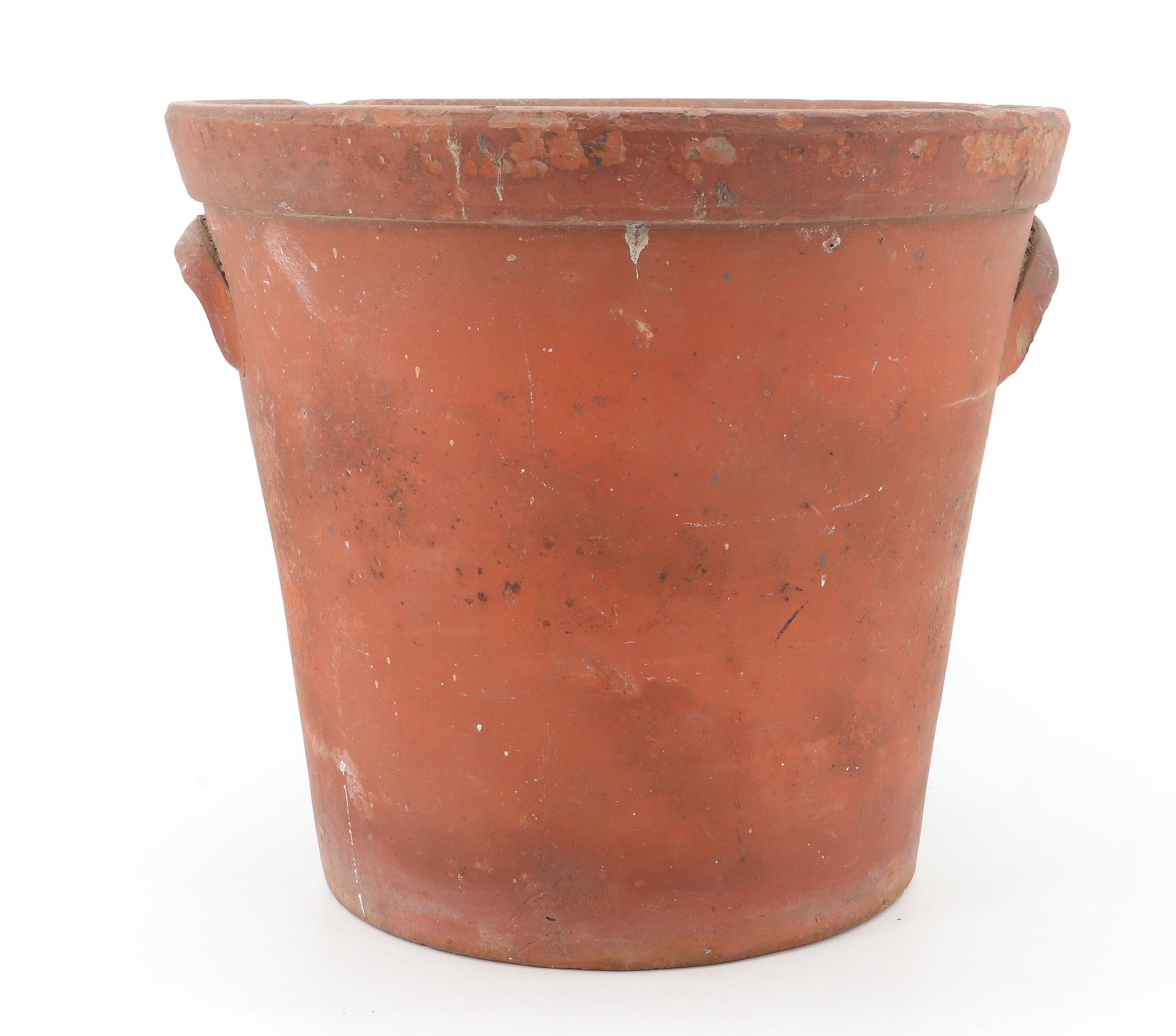 LARGE POTTERY FLOWER POT: REDWARE TAPERED POT WITH LUG HANDLES AND DRAIN HOLES IN BOTTOM. IMPRESSED "14" INTERIOR. PLEASE READ CAREFULLY - ITEMS MUST BE PAID FOR THROUGH LIVE AUCTIONEERS OR WITH CASH OR CHECK IN PERSON -