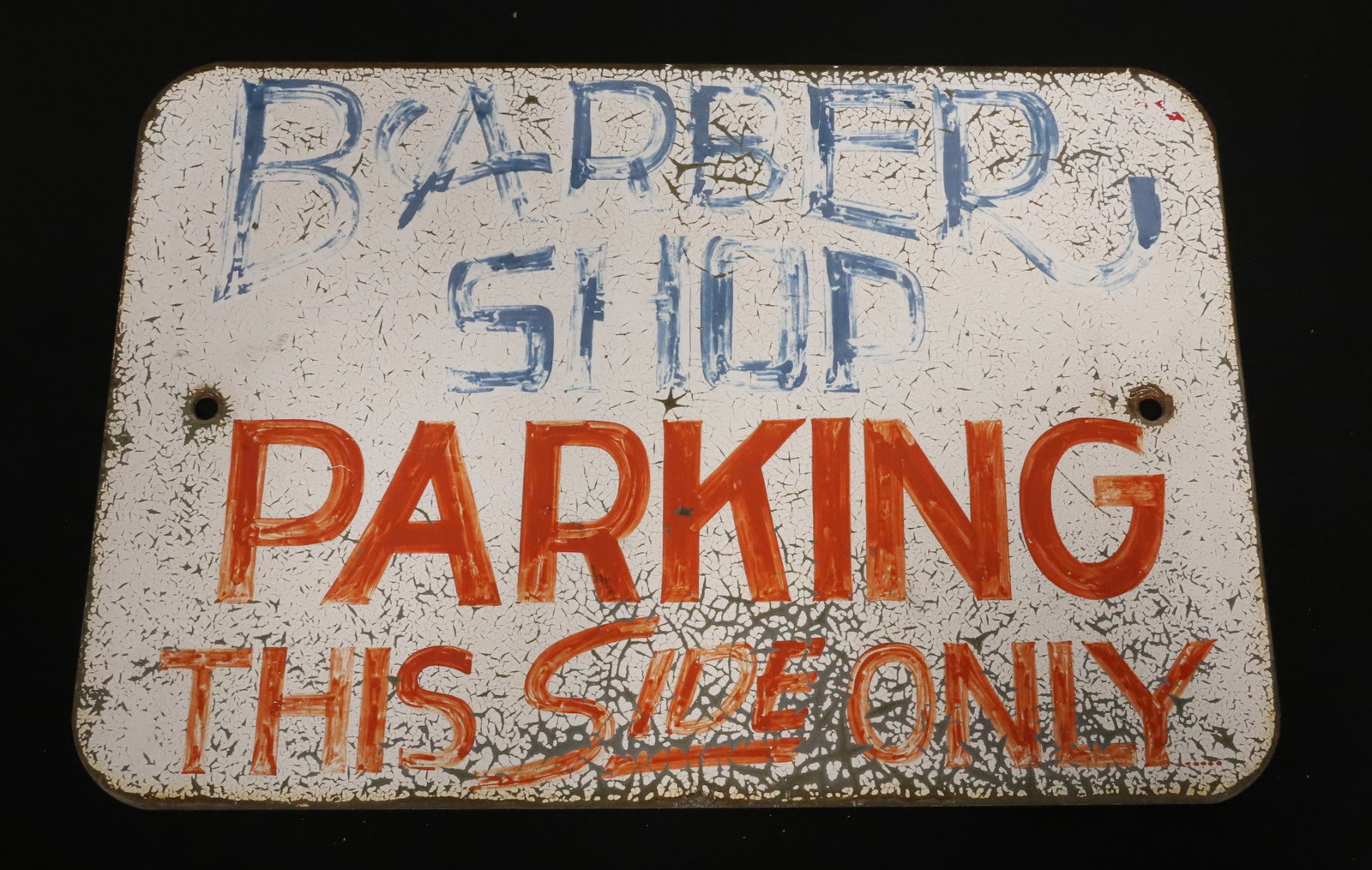 BARBER SHOP PARKING SIGN: PAINTED ON METAL. 12" X 18". PLEASE READ CAREFULLY - ITEMS MUST BE PAID FOR THROUGH LIVE AUCTIONEERS OR WITH CASH OR CHECK IN PERSON - Terms for Purchasing and Shipping of Auction Items. Please read c