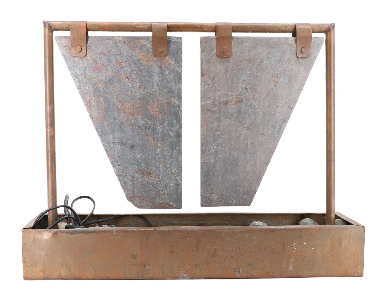 STONE AND COPPER GARDEN WATER FOUNTAIN: COPPER BODY WITH SUSPENDED SLATE. ROCKS IN BOTTOM. ELECTRIC PUMP. 16" X 21". PLEASE READ CAREFULLY - ITEMS MUST BE PAID FOR THROUGH LIVE AUCTIONEERS OR WITH CASH OR CHECK IN PERSON - Terms for