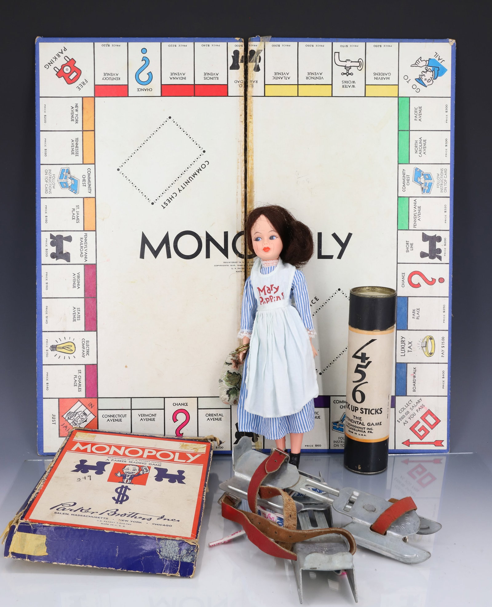 LOT OF VINTAGE TOYS: INCLUDING: MARY POPPINS DOLL, PICK-UP STICKS, JACK/JILL SKATES AND MONOPOLY. PLEASE READ CAREFULLY - ITEMS MUST BE PAID FOR THROUGH LIVE AUCTIONEERS OR WITH CASH OR CHECK IN PERSON - Terms for