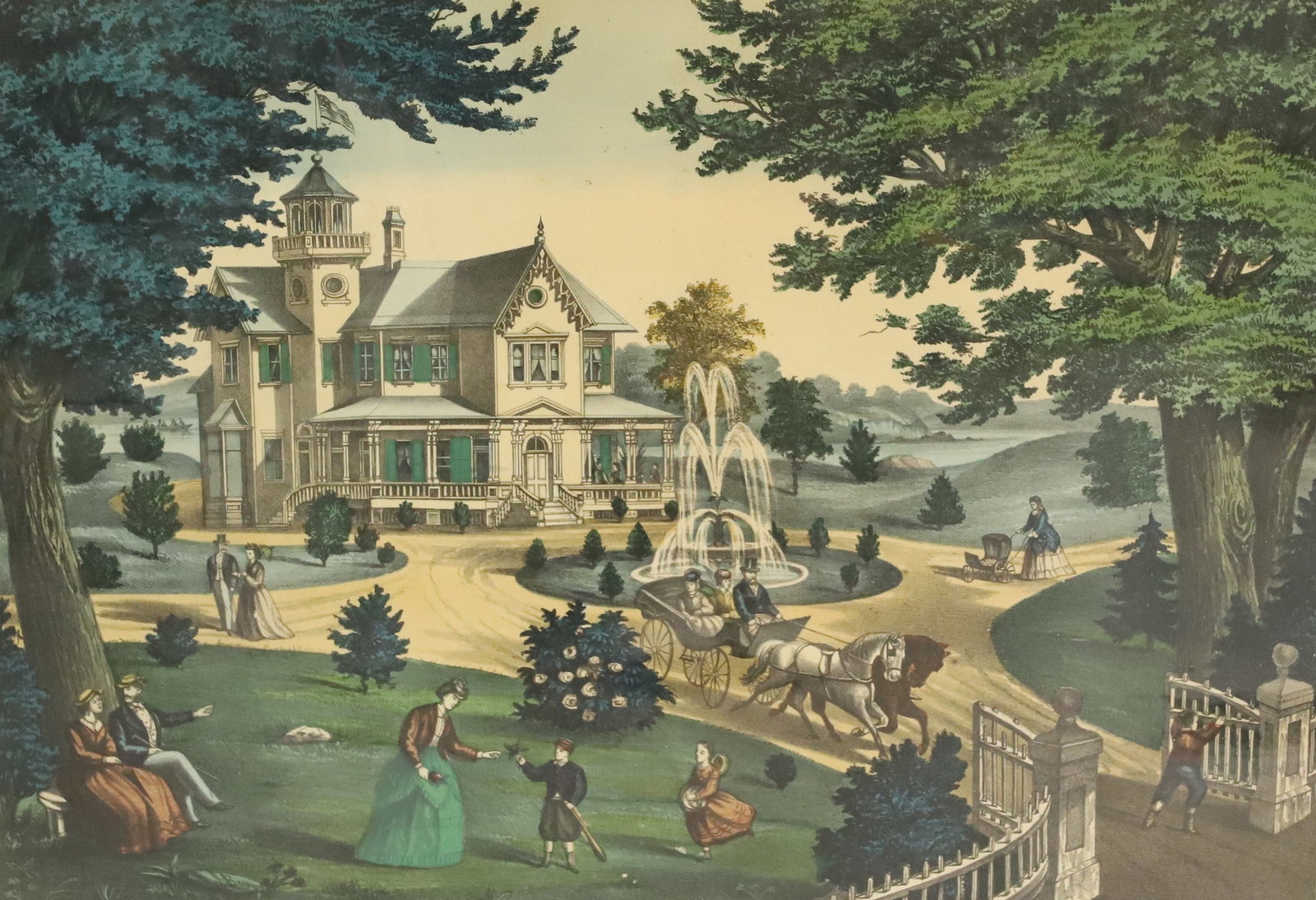 SUMMER SCENE FRAMED LITHOGRAPH: COLORED LITHOGRAPH PUBLISHED BY P. BRADY 85 MOTT ST. COR. OF CANAL ST. N.Y. SIGHT VIEW 21" X 27 1/4". FRAMED UNDER GLASS. 25 1/2" X 31 1/2". PLEASE READ CAREFULLY - ITEMS MUST BE PAID FOR THROUGH
