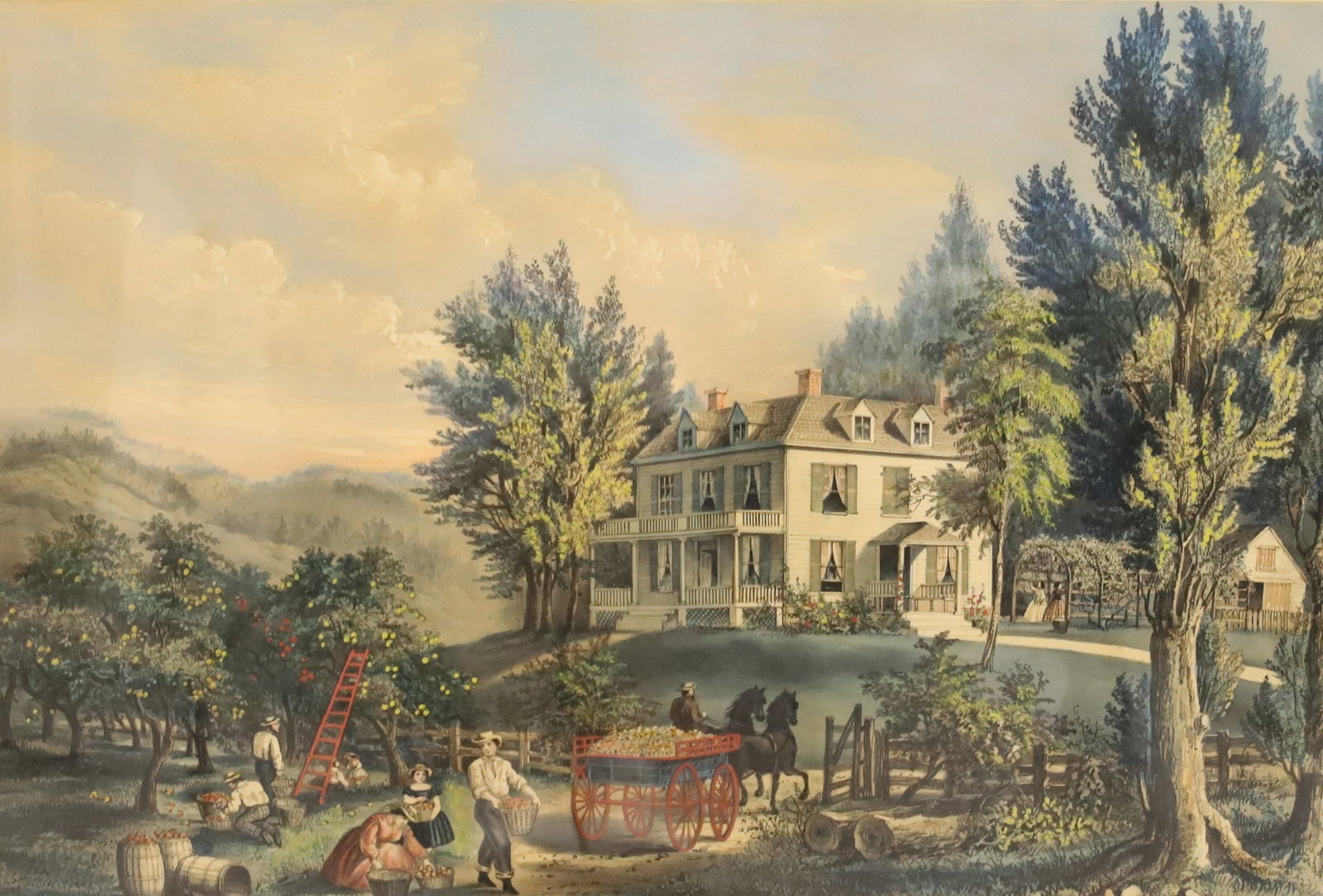 THE FARMERS HOME - AUTUMN FRAMED LITHOGRAPH: LITH. OF CURRIER & IVES N.Y. PUBLISHED 152 NASSAU STREET. MATTED AND FRAMED UNDER GLASS. SIGHT VIEW 18 3/8" X 25". FAUX TWIG FRAME. 26 1/4" X 33 1/4". PLEASE READ CAREFULLY - ITEMS MUST BE PAID FOR TH