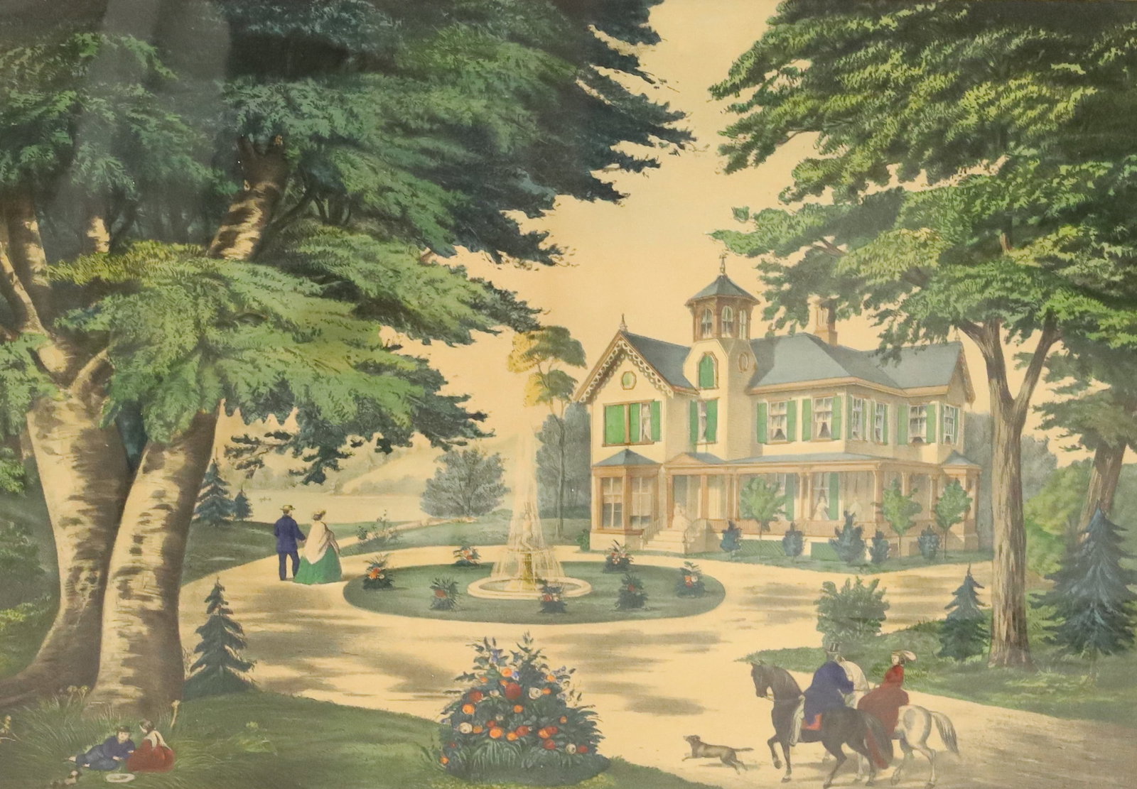 SUMMER SCENE IN THE COUNTRY FRAMED LITHOGRAPH: TITLED AND IDENTIFIED ON BACK "PUBLISHED BY THOMAS KELLY, 12 BARCLAY ST. N.Y." 21 7/8" X 27 15/16". MATTED AND FRAMED UNDER GLASS. 26 3/4" X 32 1/2". PLEASE READ CAREFULLY - ITEMS MUST BE PAID FOR THR