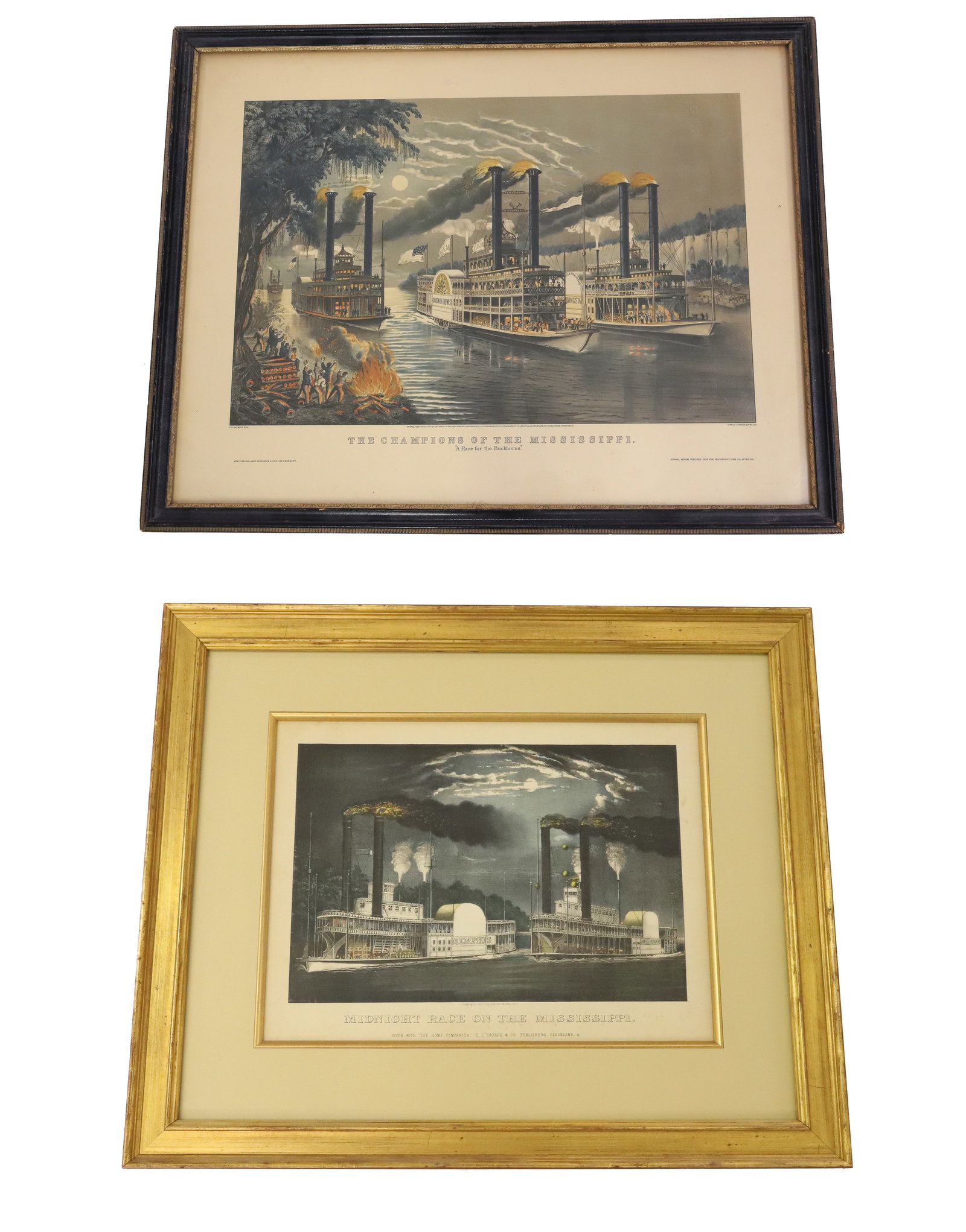 (2) FRAMED CURRIER & IVES LITHOGRAPHS: MIDNIGHT RACE ON THE MISSISSIPPI COPYRIGHT 1875 BY CURRIER & IVES, N.Y. SIGHT VIEW 11" X 14 3/4". FRAMED AND MATTED UNDER GLASS 19 1/4" X23". WITH, 1936 REPRINT OF "THE CHAMPIONS OF THE MISSISSIPPI" F