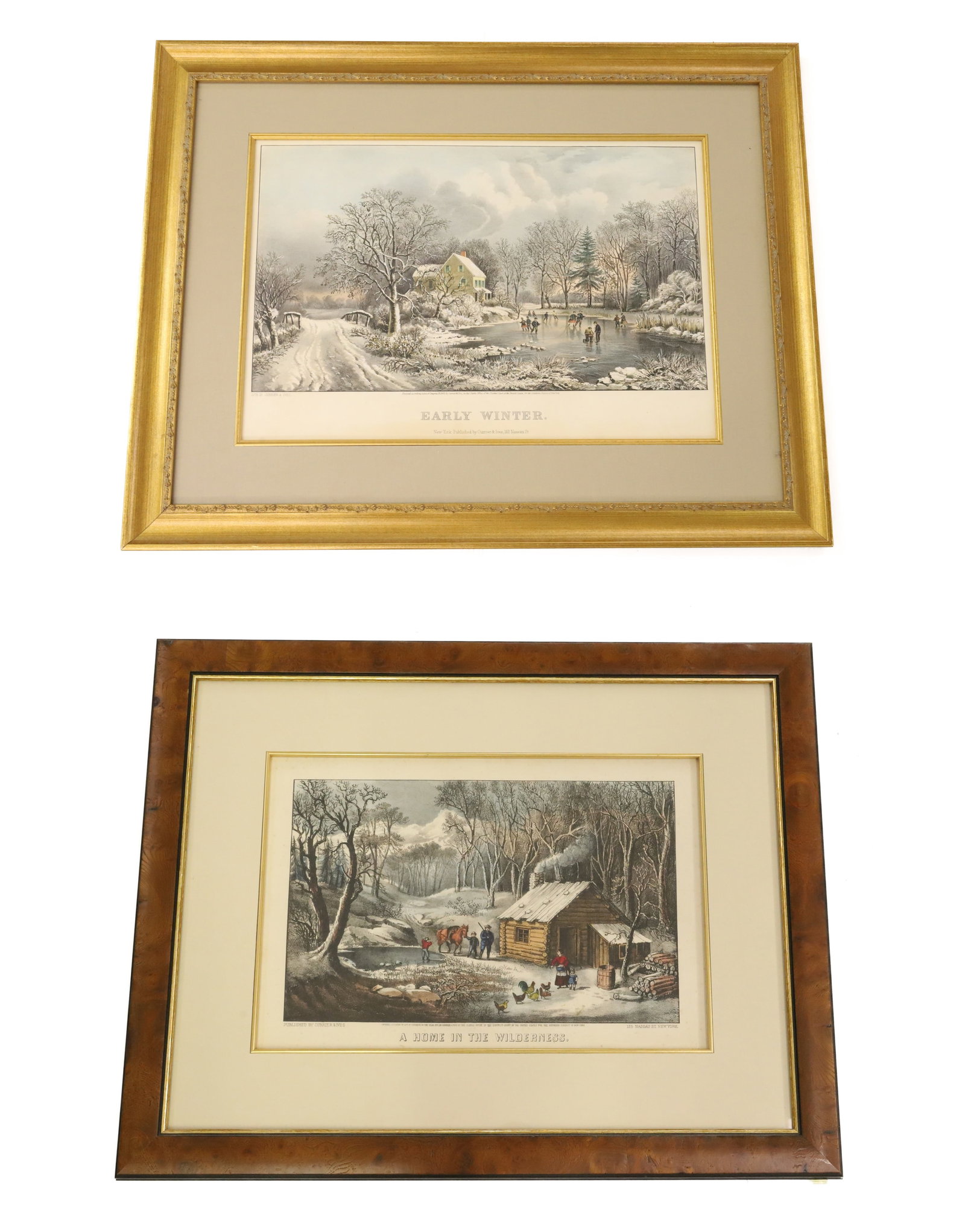 (2) FRAMED CURRIER & IVES LITHOGRAPHS: A HOME IN THE WILDERNESS PUBLISHED BY CURRIER & IVES 125 NASSAU ST NEW YORK. 9 1/2" X 14". MATTED AND FRAMED UNDER GLASS 17 3/4" X 22 1/4". WITH, "EARLY WINTER" NEW YORK PUBLISHED BY CURRIER & IVES, 1