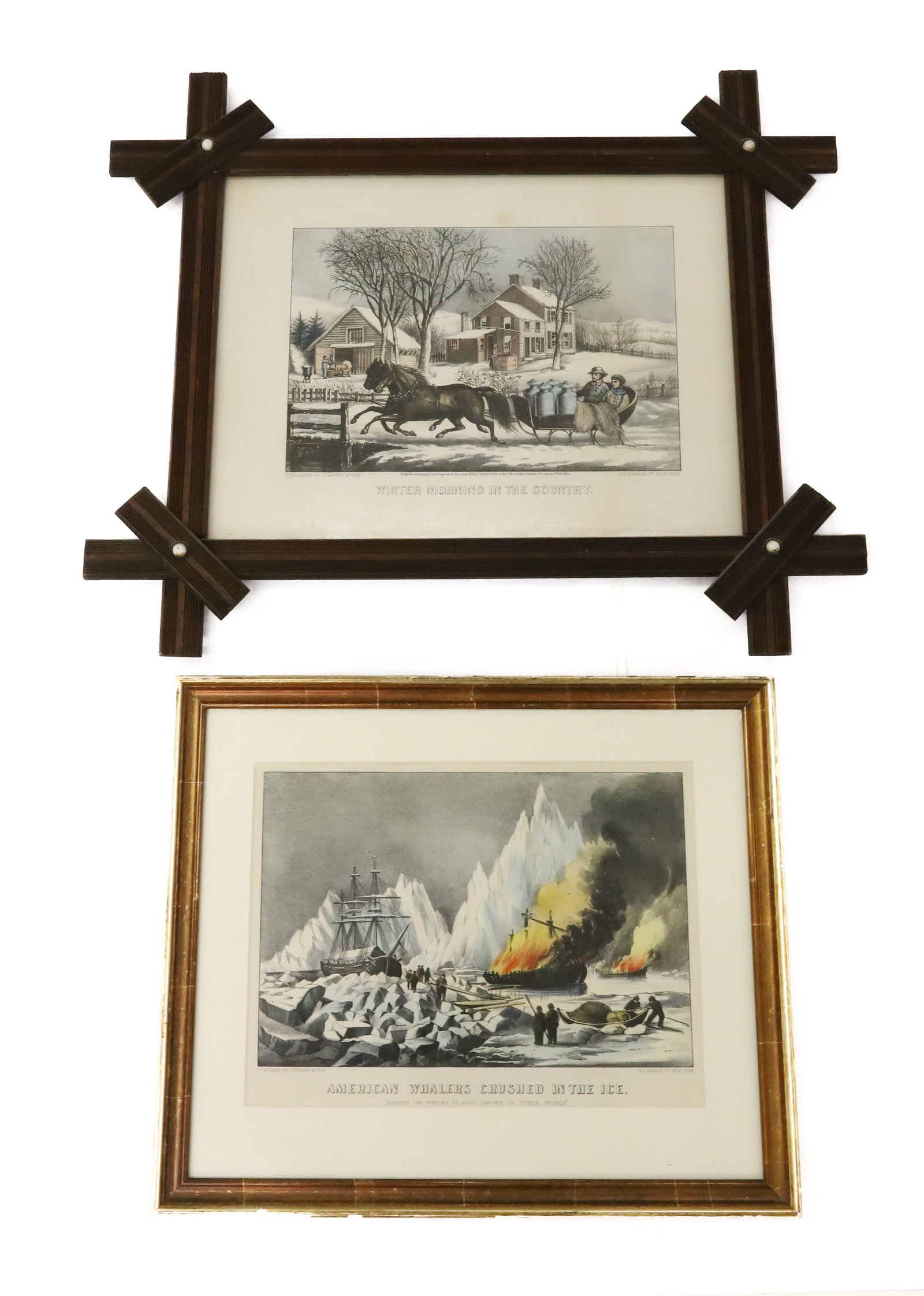 (2) FRAMED CURRIER & IVES LITHOGRAPHS: AMERICAN WHALERS CRUSHED IN THE ICE PUBLISHED BY CURRIER & IVES 125 NASSAU ST. NEW YORK. 9 3/4" X 13". MATTED AND FRAMED UNDER GLASS 15" X 18". WITH, "WINTER MORNING IN THE COUNTRY" PUBLISHED BY CURRI