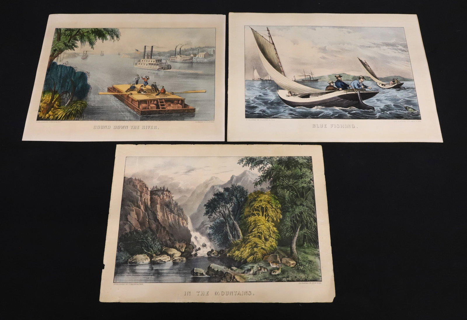 (3) CURRIER & IVES LITHOGRAPHS, UNFRAMED: BOUND DOWN THE RIVER 152 NASSAU ST. NEW YORK 10 1/2" X 13 3/4". "BLUE FISHING" 152 NASSAU ST. NEW YORK. 11" X 14 15/16". "IN THE MOUNTAINS" 152 NASSAU ST. NEW YORK. 10" X 14". PLEASE READ CAREFULLY - 