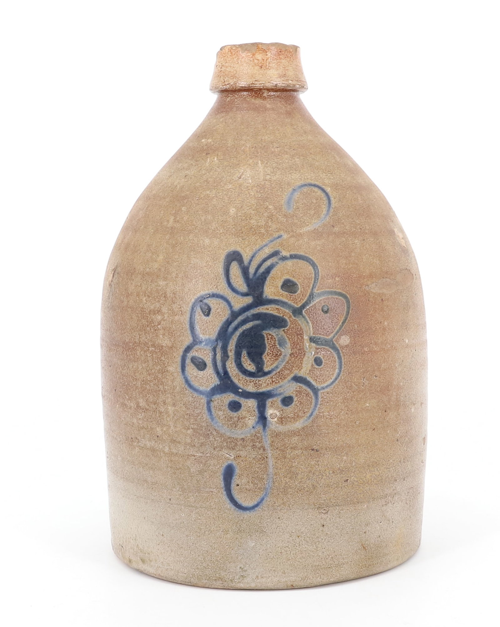 ITHACA, NY DECORATED STONEWARE JUG: BLUE FLORAL DECORATION UNDER IMPRESSED "ITHACA, N.Y. 4" 11 1/2" H. PLEASE READ CAREFULLY - ITEMS MUST BE PAID FOR THROUGH LIVE AUCTIONEERS OR WITH CASH OR CHECK IN PERSON - Terms for Purchasing and Sh