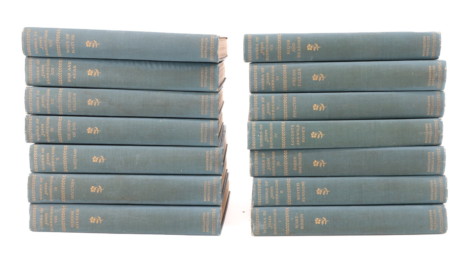 WORKS OF JOHN BURROUGHS, 14 VOLUMES: RIVERBY EDITION, "THE WRITINGS OF JOHN BURROUGHS WITH PORTRAITS AND MANY ILLUSTRATIONS" 1905. PLEASE READ CAREFULLY - ITEMS MUST BE PAID FOR THROUGH LIVE AUCTIONEERS OR WITH CASH OR CHECK IN PERSON -