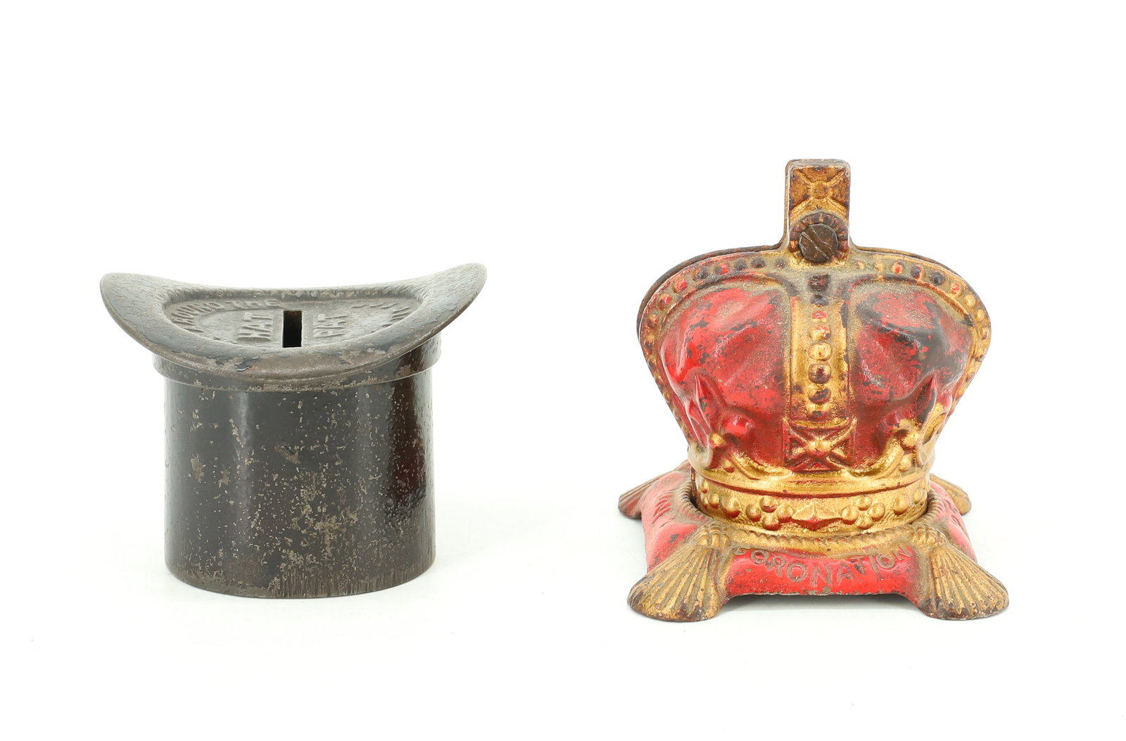 (2) CAST IRON STILL BANKS: TOP HAT PAINTED BLACK "PASS AROUND THE HAT" 2 3/8" X 3" X 2 1/2". WITH, "ELIZABETH CORONATION" PAINTED CROWN BANK. MRKD. MADE IN ENGLAND ON BOTTOM. PLEASE READ CAREFULLY - ITEMS MUST BE PAID FOR THROU