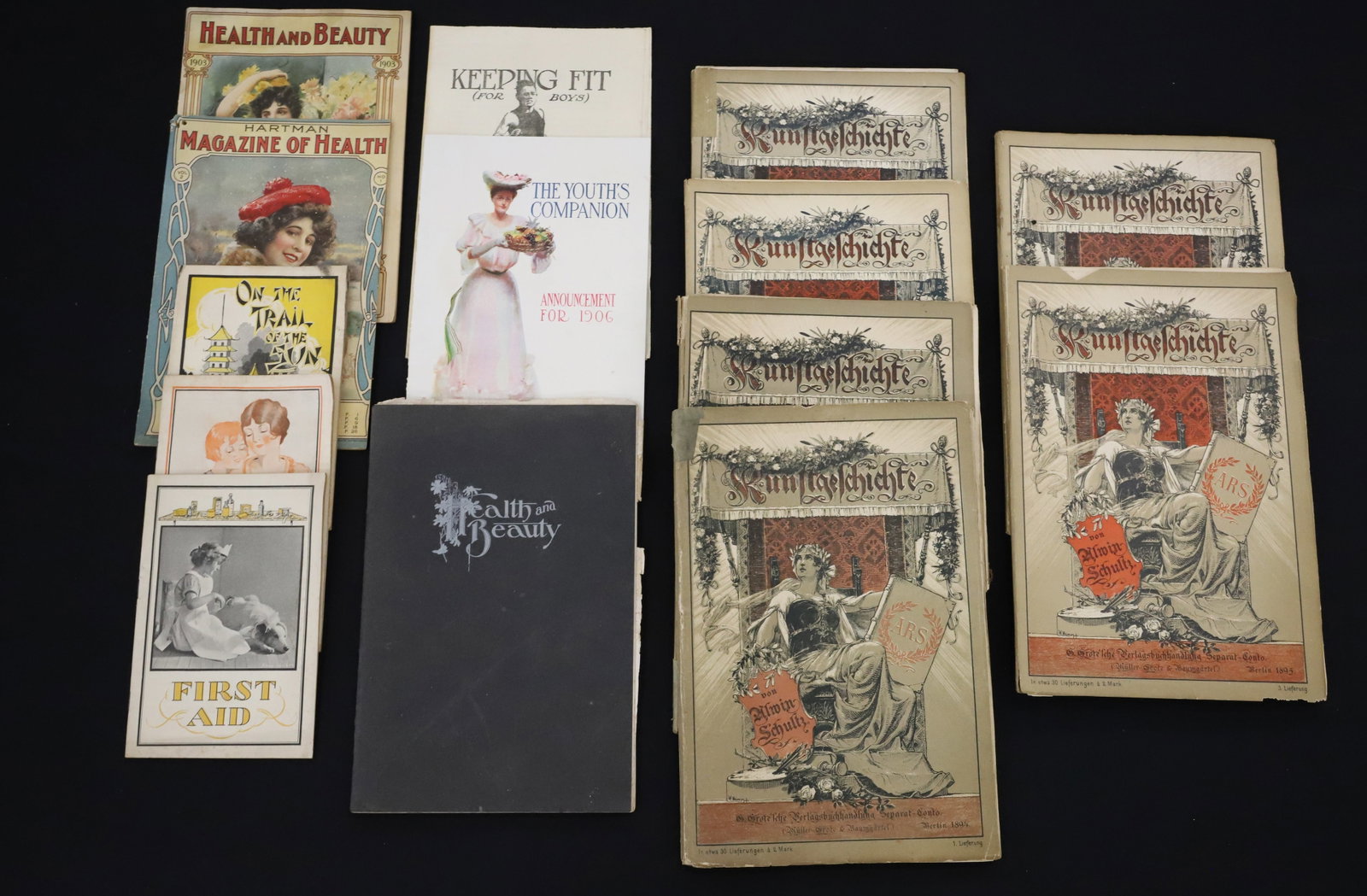 LOT OF VINTAGE PAMPHLETS / BOOKLETS: INCLUDING: THE YOUTH'S COMPANION (1906). KEEPING FIT (FOR BOYS). HEALTH AND BEAUTY (1903). FIRST AID. HARTMAN MAGAZINE OF HEALTH. (6) GERMAN MAGAZINES (1895) AND MORE. PLEASE READ CAREFULLY - ITEMS
