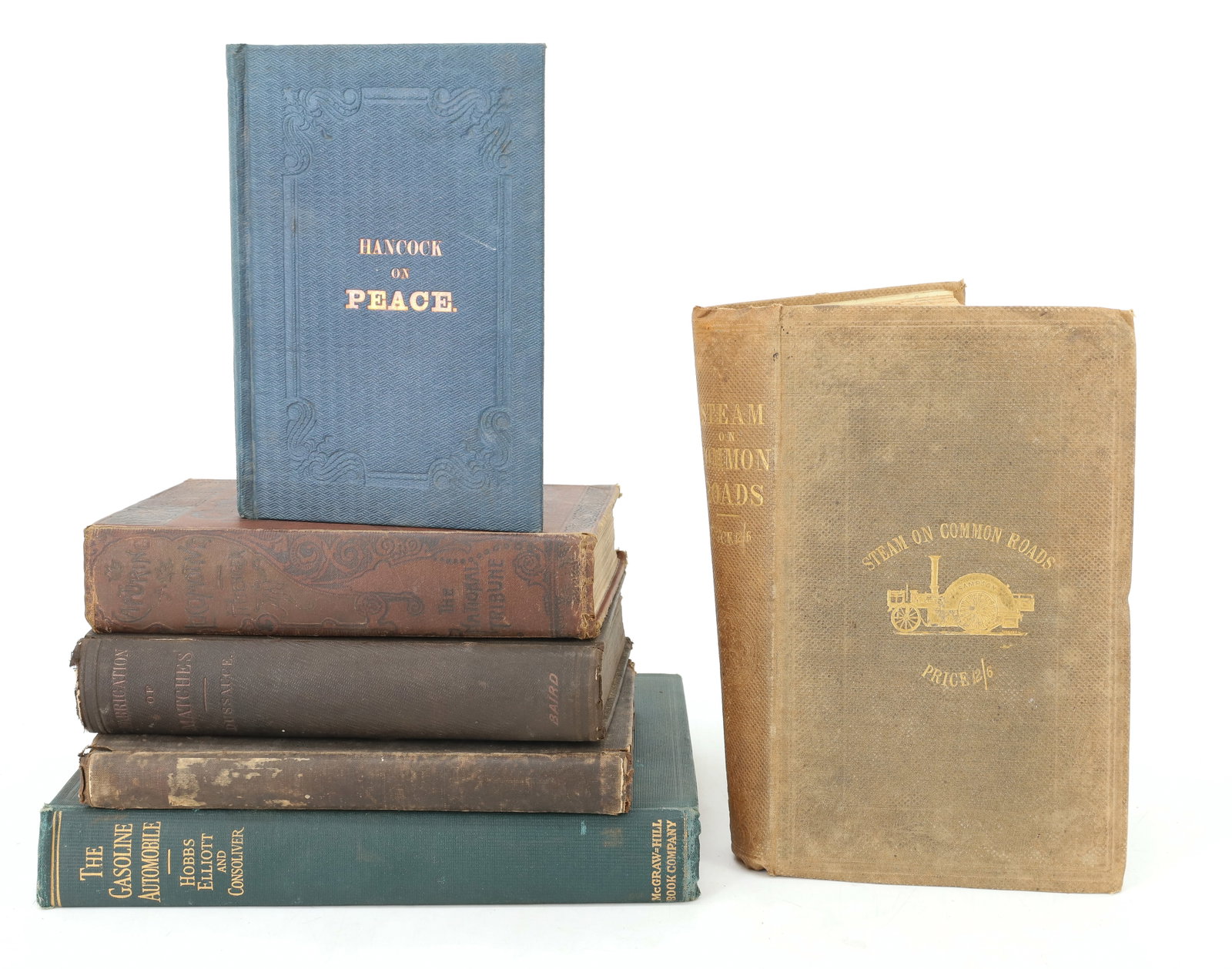LOT OF (6) ANTIQUE BOOKS: INCLUDING: "THE PRINCIPLES OF PEACE..." BY HANCOCK (1843). "THE COMPLETE COOK..." BY SANDERSON. PHILADELPHIA (1847). "A PRACTICAL TREATISE ON THE FABRICATION OF MATCHES..." BY DUSSAUCE. PHILADELPHIA (
