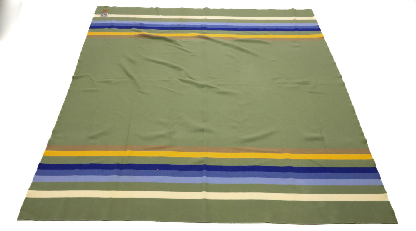 PENDLETON ROCKY MOUNTAIN NATIONAL PARK WOOL BLANKET: GREEN / YELLOW / BLUE / CREAM / TAN. 89" X 88". PLEASE READ CAREFULLY - ITEMS MUST BE PAID FOR THROUGH LIVE AUCTIONEERS OR WITH CASH OR CHECK IN PERSON - Terms for Purchasing and Shipping of Auction