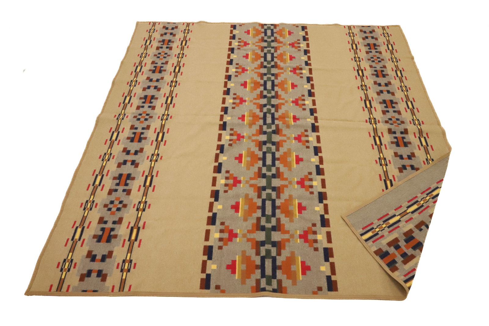 PENDLETON HOME COLLECTION WOOL BLANKET: GRAY / TAN / BLUE / RED / ORANGE /YELLOW / GREEN NATIVE AMERICAN PATTERN. 88" X 86" PLEASE READ CAREFULLY - ITEMS MUST BE PAID FOR THROUGH LIVE AUCTIONEERS OR WITH CASH OR CHECK IN PERSON - Terms for