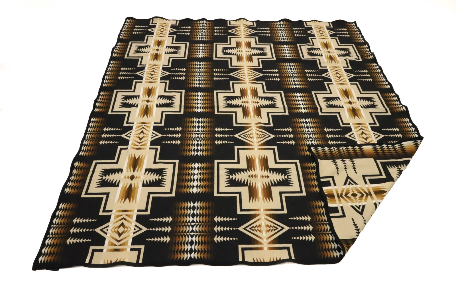 PENDLETON HOME COLLECTION WOOL BLANKET: TAN / BLACK / BROWN NATIVE AMERICAN PATTERN 88" X 84". PLEASE READ CAREFULLY - ITEMS MUST BE PAID FOR THROUGH LIVE AUCTIONEERS OR WITH CASH OR CHECK IN PERSON - Terms for Purchasing and Shipping of