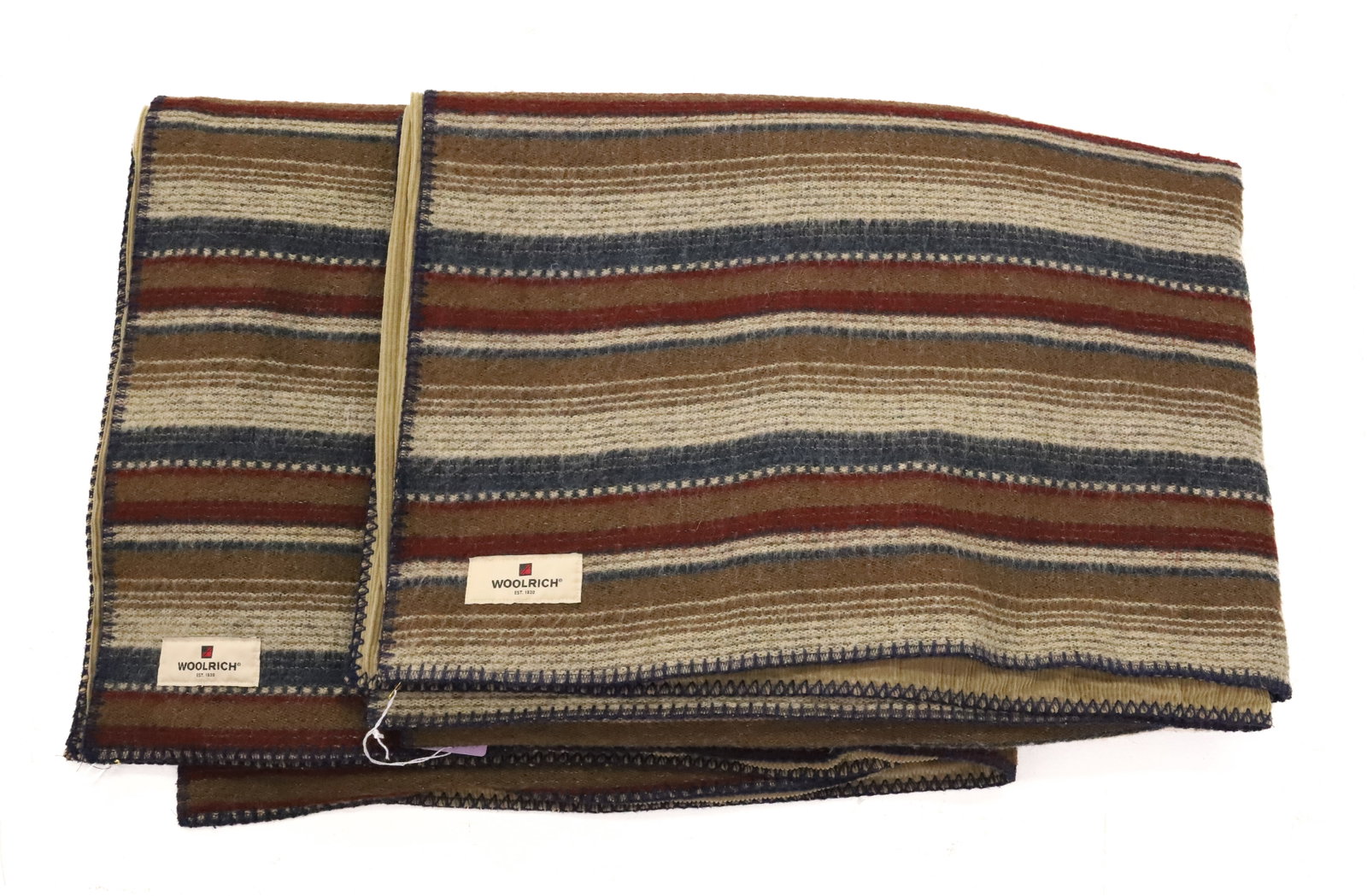 (2) MATCHING WOOLRICH WOOL BLANKETS: MULTI-COLOR STRIPE WITH CORDUROY BACKING. 64" X 47". PLEASE READ CAREFULLY - ITEMS MUST BE PAID FOR THROUGH LIVE AUCTIONEERS OR WITH CASH OR CHECK IN PERSON - Terms for Purchasing and Shipping of