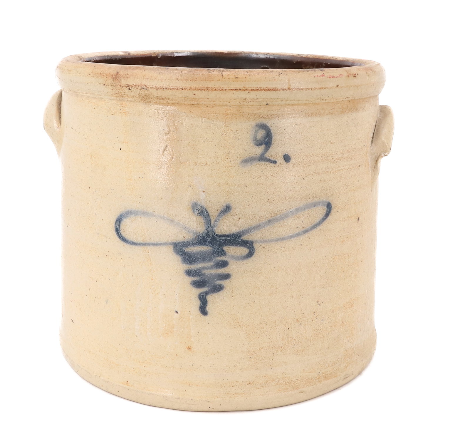 J. FISHER BLUE DECORATED STONEWARE CROCK: TWO-GALLON CROCK WITH BLUE EMBELLISHMENT ON FRONT. IMPRESSED "J. FISHER, LYONS" 9" X 9 3/4". PLEASE READ CAREFULLY - ITEMS MUST BE PAID FOR THROUGH LIVE AUCTIONEERS OR WITH CASH OR CHECK IN PERSON -