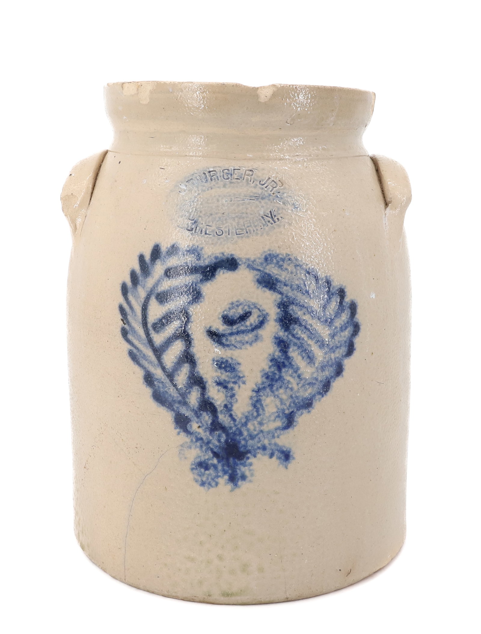 ROCHESTER, NY BLUE DECORATED CROCK: BLUE WREATH DECORATION WITH "2" IN CENTER. IMPRESSED " J. BURGER, JR, ROCHESTER, NY" 11 1/4" H. PLEASE READ CAREFULLY - ITEMS MUST BE PAID FOR THROUGH LIVE AUCTIONEERS OR WITH CASH OR CHECK IN PERSON