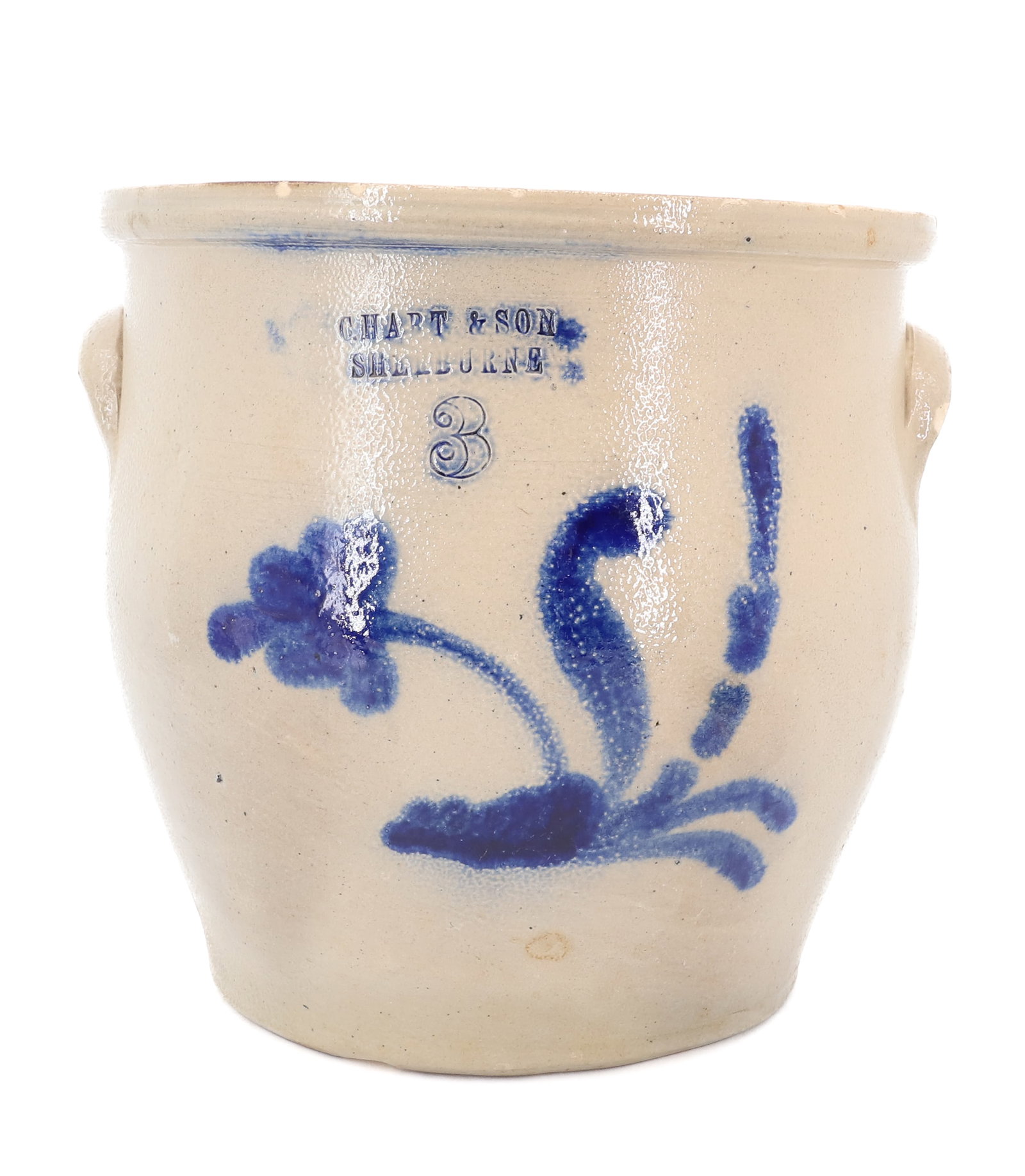 C. HART & SON BLUE DECORATED CROCK: DARK BLUE FLORAL DECORATION. iMPRESSED "C. HART & SON, SHELBURNE, "3" 10 1/2" X 11". PLEASE READ CAREFULLY - ITEMS MUST BE PAID FOR THROUGH LIVE AUCTIONEERS OR WITH CASH OR CHECK IN PERSON - Terms