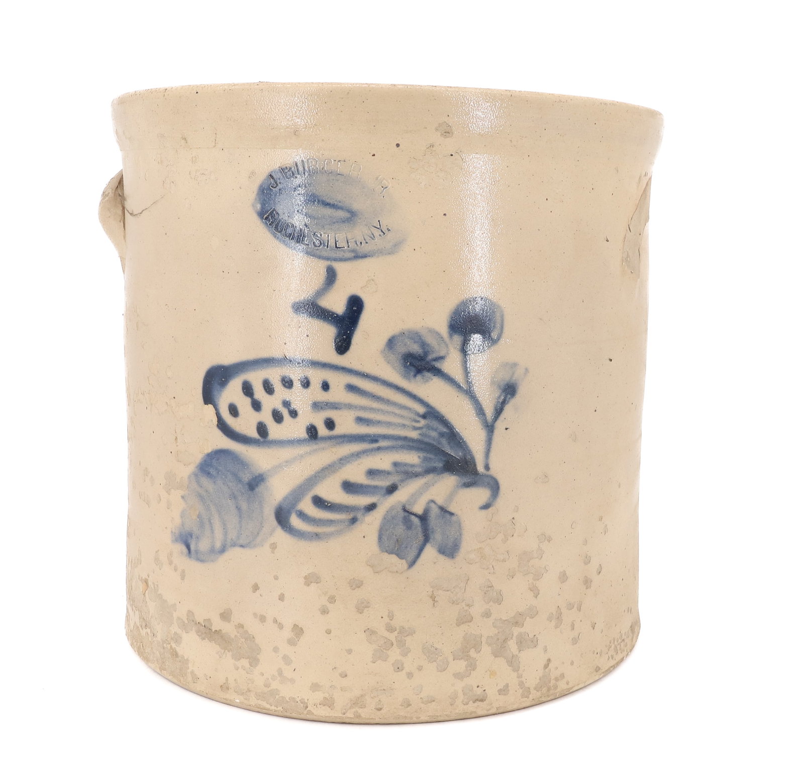 FOUR-GALLON BLUE DECORATED CROCK: BLUE FLORAL LARGE CROCK. IMPRESSED "J. BURGER JR., ROCHESTER, NY" 12" X 12". PLEASE READ CAREFULLY - ITEMS MUST BE PAID FOR THROUGH LIVE AUCTIONEERS OR WITH CASH OR CHECK IN PERSON - Terms for