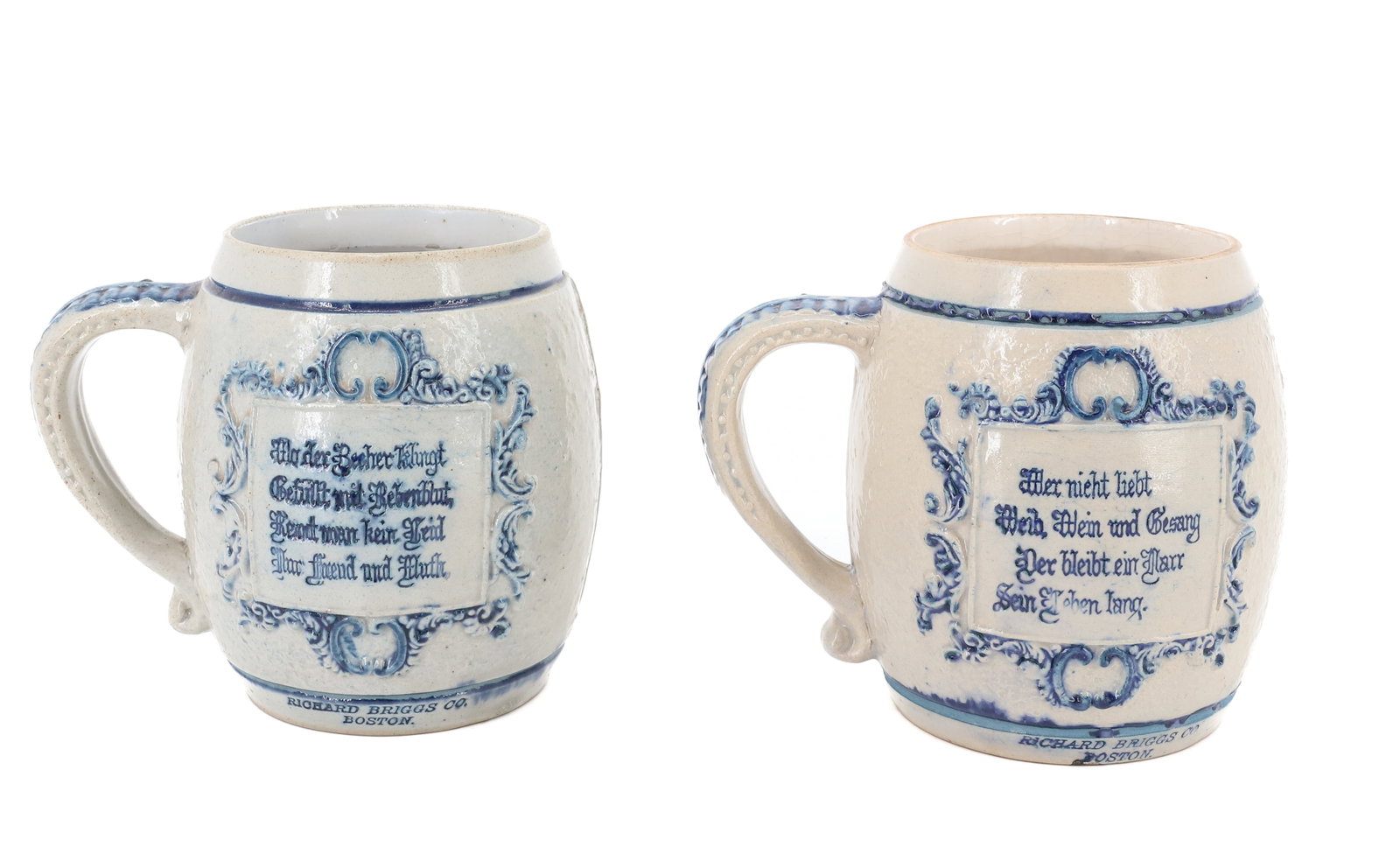 (2) WHITE'S UTICA MUGS, RICHARD BRIGGS CO. BOSTON: PAIR OF MOLDED STONEWARE MUGS WITH SCENE OF MEN / WOMEN WITH VERSE ON OPPOSITE SIDE. BOTH MRKD. "RICHARD BRIGGS CO., BOSTON" ON BOTTOM EDGES. "41" ON BOTTOM. 5" H. PLEASE READ CAREFULLY - ITEMS MUST