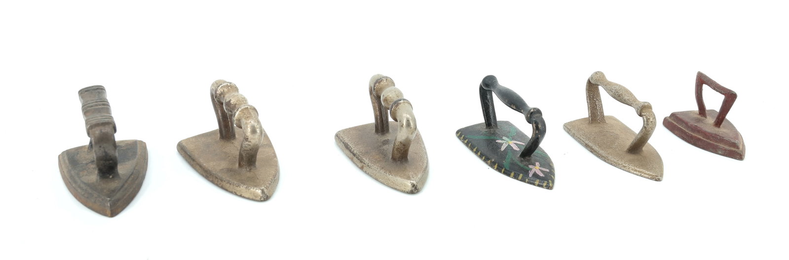 LOT OF (6) MINIATURE ANTIQUE IRONS: VARIOUS SIZES AND STYLES. SOME PAINTED. 2" TO 2 1/2". PLEASE READ CAREFULLY - ITEMS MUST BE PAID FOR THROUGH LIVE AUCTIONEERS OR WITH CASH OR CHECK IN PERSON - Terms for Purchasing and Shipping of Auc