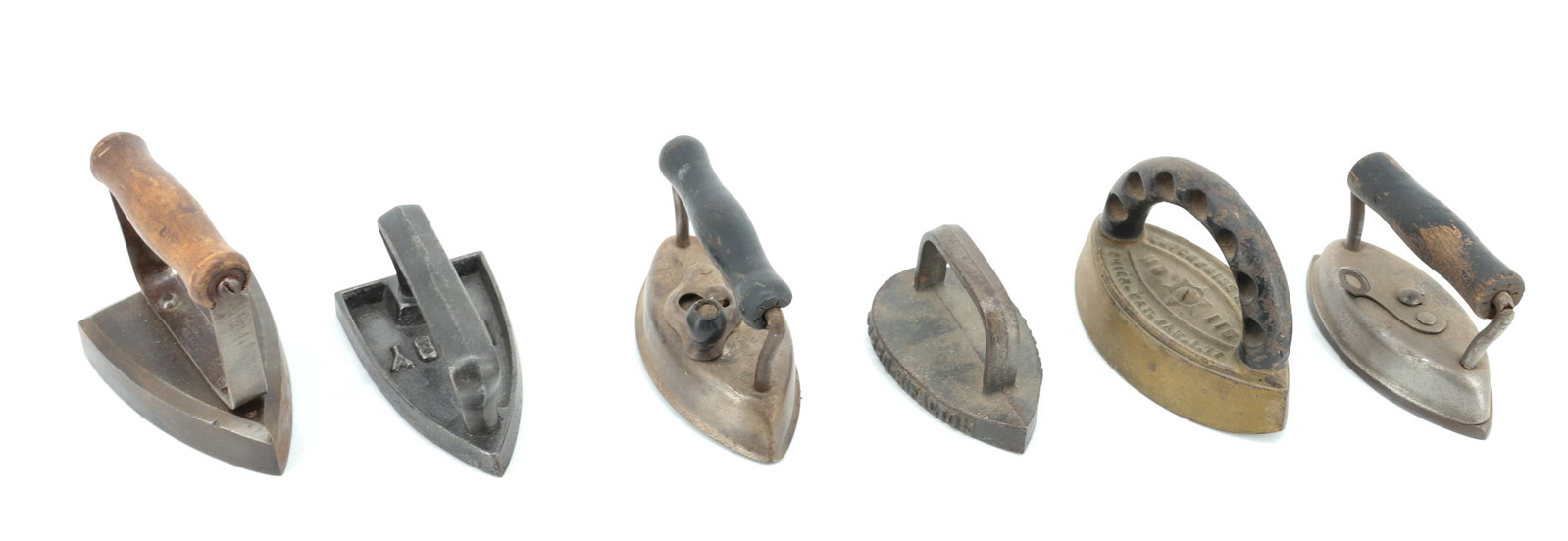 LOT OF (6) MINIATURE ANTIQUE IRONS: VARIOUS SIZES AND STYLES. SOME PAINTED. 3" TO 3 1/4" L. PLEASE READ CAREFULLY - ITEMS MUST BE PAID FOR THROUGH LIVE AUCTIONEERS OR WITH CASH OR CHECK IN PERSON - Terms for Purchasing and Shipping of