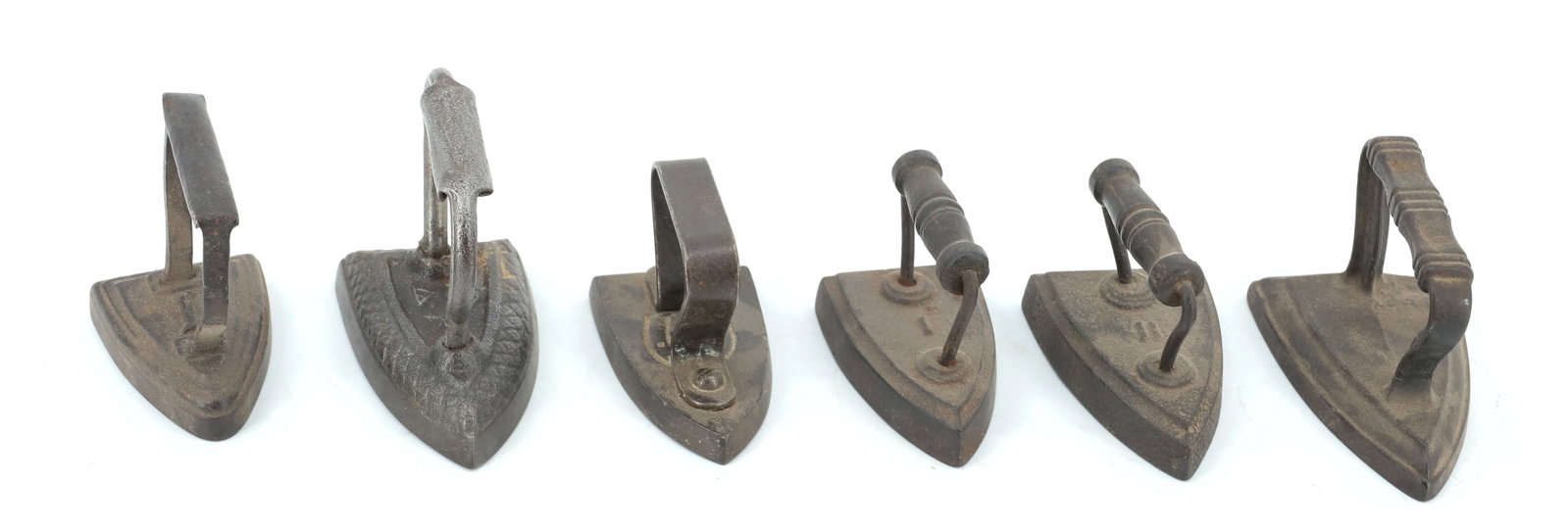 LOT OF (6) MINIATURE ANTIQUE IRONS: VARIOUS SIZES AND STYLES. 2 1/2" TO 3 1/2" LENGTHS. PLEASE READ CAREFULLY - ITEMS MUST BE PAID FOR THROUGH LIVE AUCTIONEERS OR WITH CASH OR CHECK IN PERSON - Terms for Purchasing and Shipping of