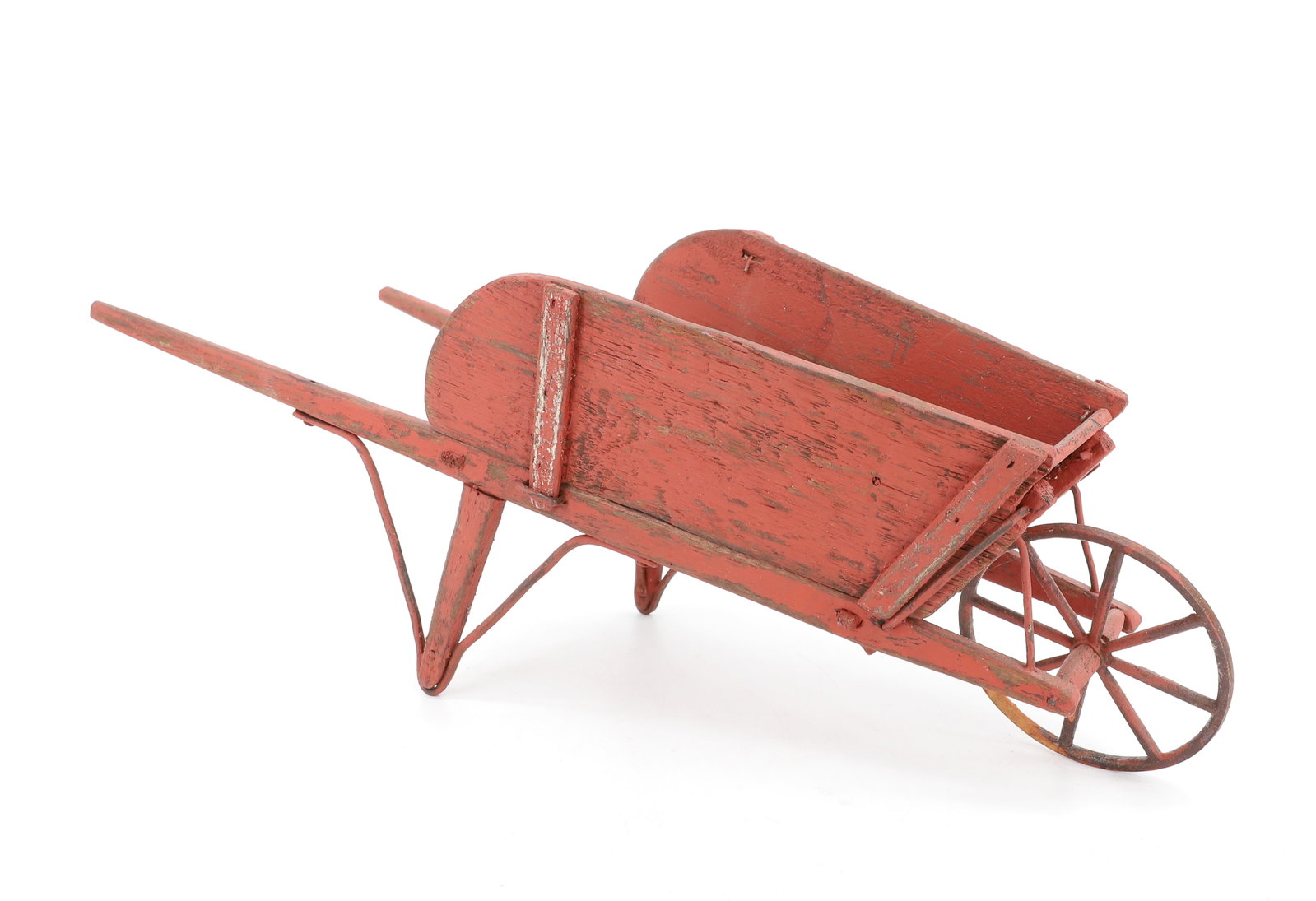 PAINTED TOY WHEELBARROW: RED PAINTED WITH IRON FRONT WHEEL. REMOVABLE SIDES. 18 1/2" L. PLEASE READ CAREFULLY - ITEMS MUST BE PAID FOR THROUGH LIVE AUCTIONEERS OR WITH CASH OR CHECK IN PERSON - Terms for Purchasing and Shippi
