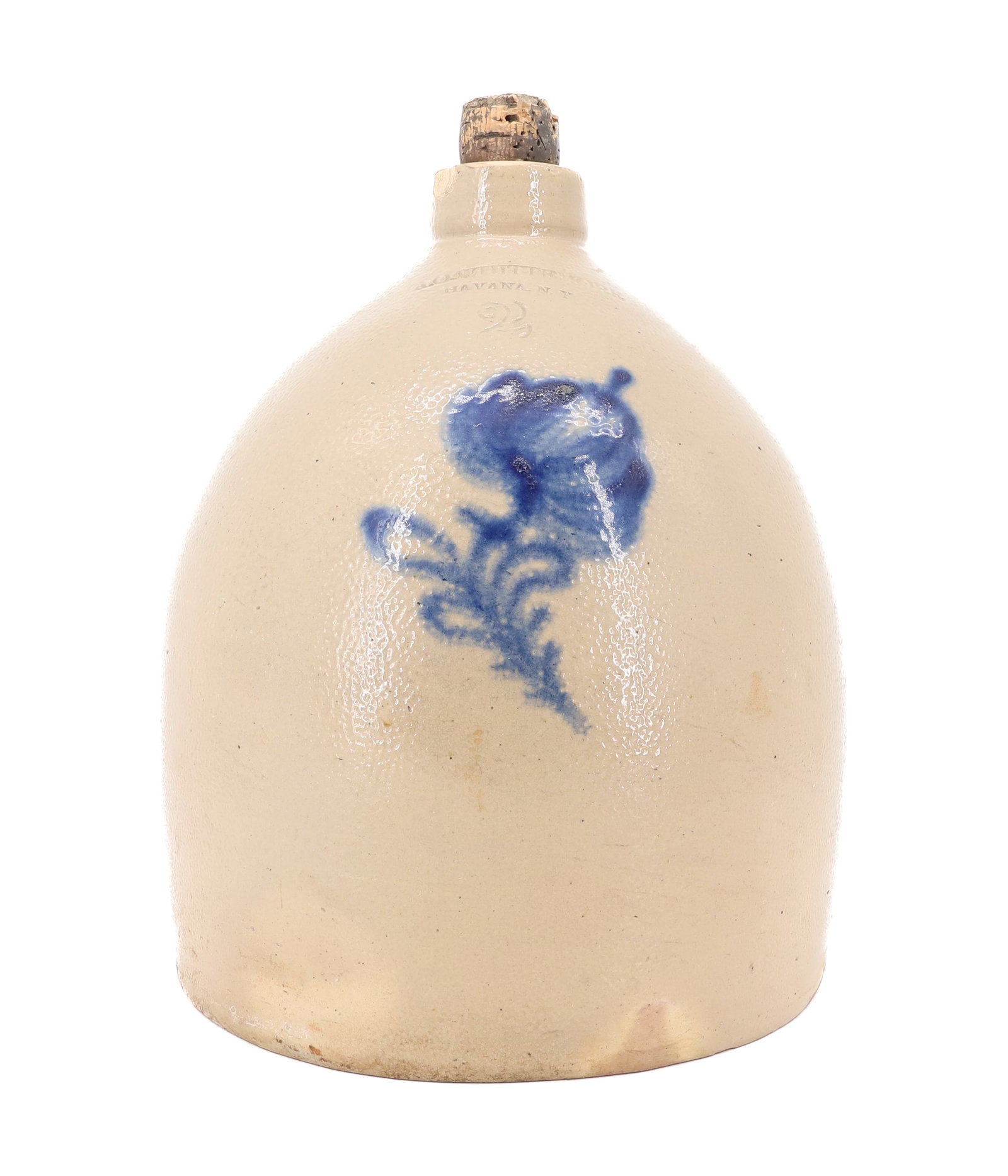 HAVANA, NEW YORK BLUE DECORATED JUG: STONEWARE JUG WITH BLUE FLORAL DECORATION. MRKD. "A.O. WHITTEMORE, HAVANA, NY" WITH IMPRESSED "2". 11 1/2" H. PLEASE READ CAREFULLY - ITEMS MUST BE PAID FOR THROUGH LIVE AUCTIONEERS OR WITH CASH OR CH