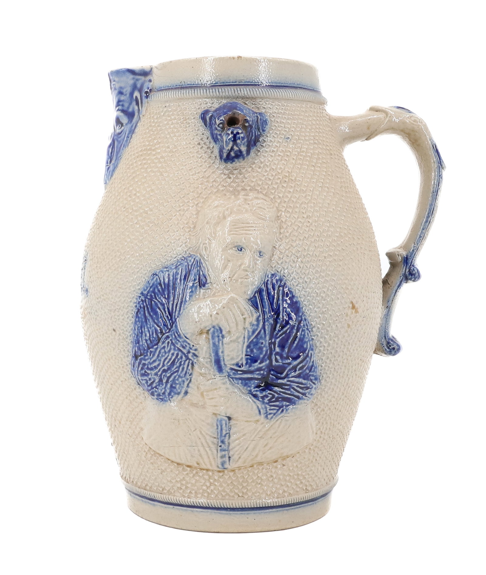 WHITE'S UTICA STONEWARE "PROSIT" PITCHER: LARGE EMBOSSED AND DECORATED PITCHER. MAN ON EITHER SIDE WITH BULLDOG MOTIF AT SPOUT AND ON SIDES. MRKD. "3" ON BOTTOM. 10 1/2" H. PLEASE READ CAREFULLY - ITEMS MUST BE PAID FOR THROUGH LIVE AUCTIONEE