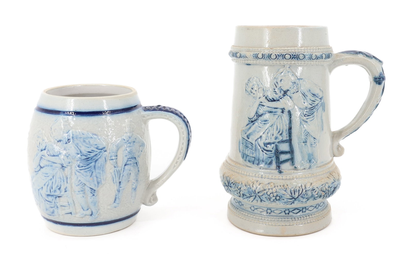 (2) WHITE'S UTICA STONEWARE MUGS, STEINS: SMALLER EMBOSSED "BARREL" SHAPED MUG MRKD. 41 ON BOTTOM. 5" H. LARGER HAS SIMILAR EMBOSSED SCENE WITH VERSE ON OPPOSITE SIDE. MRKD. 38 ON BOTTOM. 7 1/4" H. PLEASE READ CAREFULLY - ITEMS MUST BE PAID F
