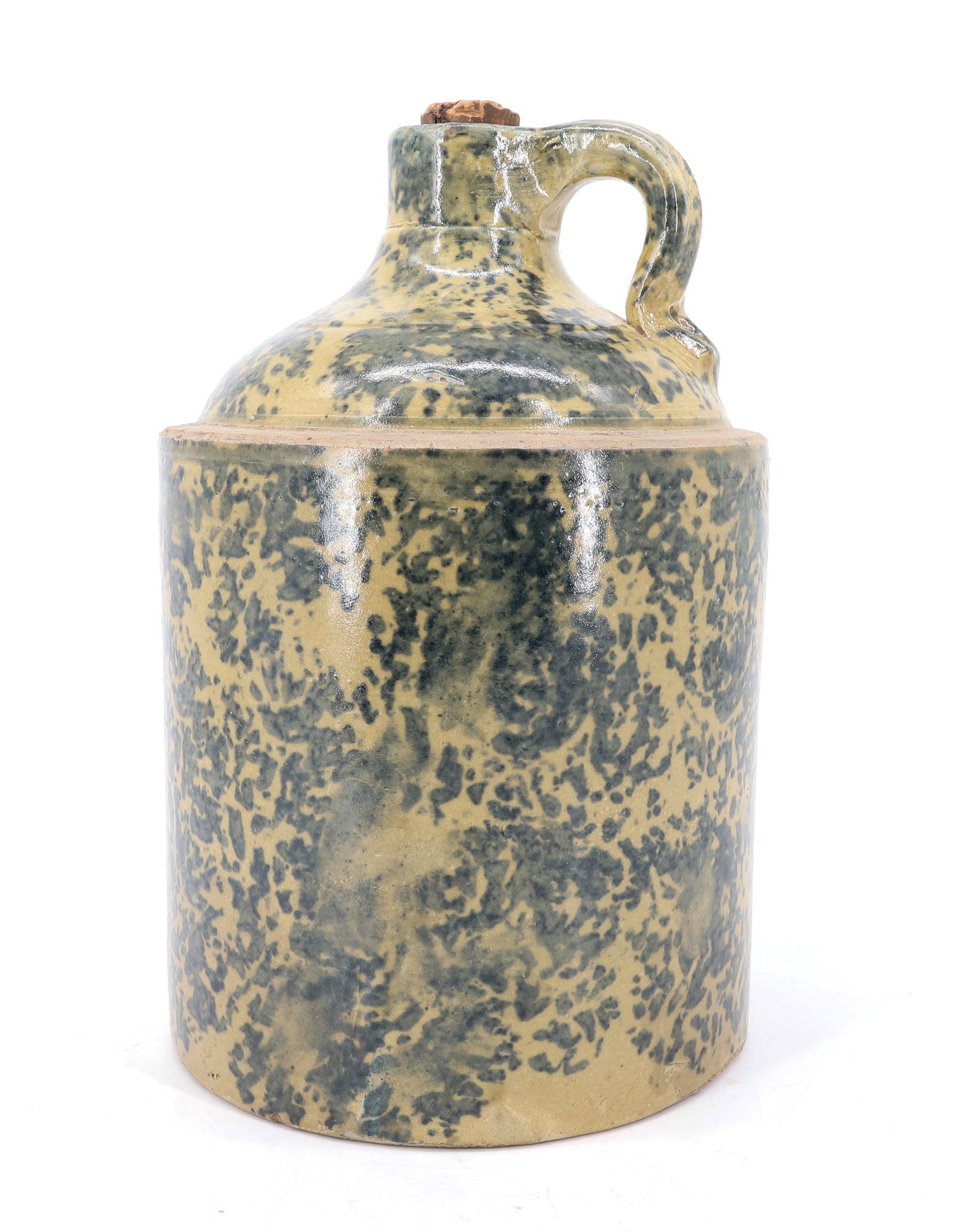 YELLOW WARE JUG WITH DECORATION: BLUE/GREEN SPONGE DECORATION TO EXTERIOR. 10 3/4" H. PLEASE READ CAREFULLY - ITEMS MUST BE PAID FOR THROUGH LIVE AUCTIONEERS OR WITH CASH OR CHECK IN PERSON - Terms for Purchasing and Shipping of