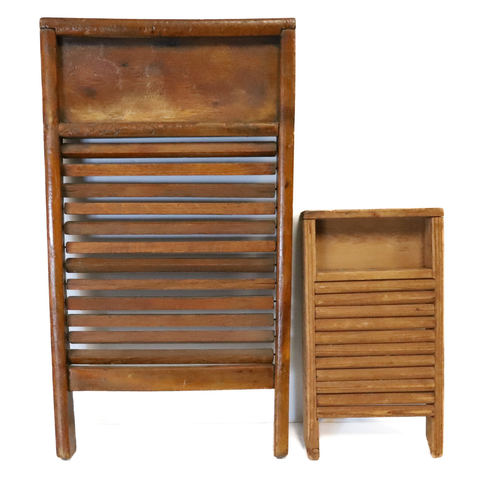 (2) WOODEN WASHBOARDS: LARGER HAS REVOLVING SPINDLES. 23" X 12 3/4". PLEASE READ CAREFULLY - ITEMS MUST BE PAID FOR THROUGH LIVE AUCTIONEERS OR WITH CASH OR CHECK IN PERSON - Terms for Purchasing and Shipping of Auction