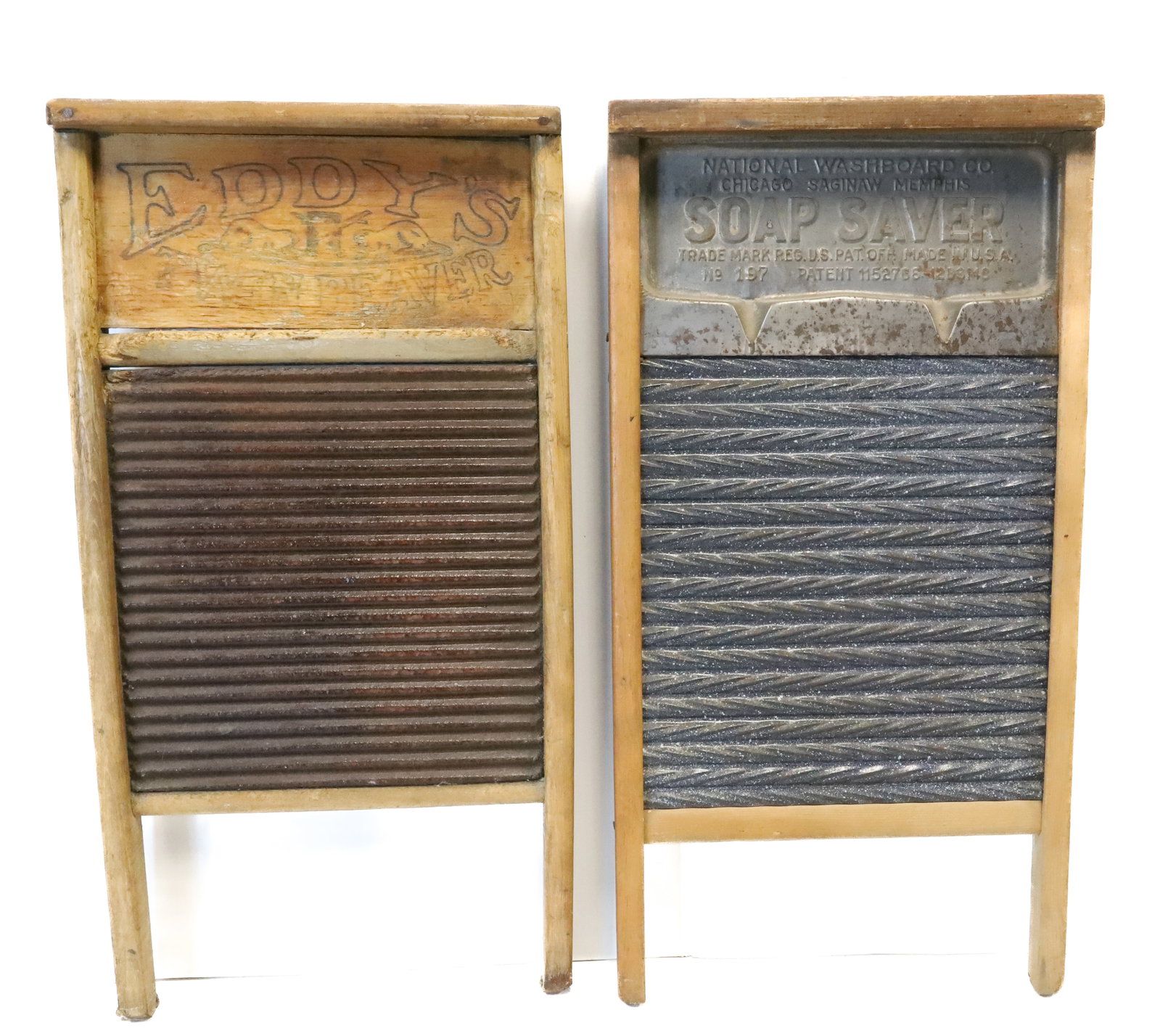 (2) ANTIQUE WASHBOARDS: INCLUDING: "SOAP SAVER" WITH GRAY/WHITE SPECKLED AGATE INSERT. 24" X 12 1/2". WITH, "EDDY'S TWIN BEAVER" WITH COATED WOODEN INSERT. PLEASE READ CAREFULLY - ITEMS MUST BE PAID FOR THROUGH LIVE