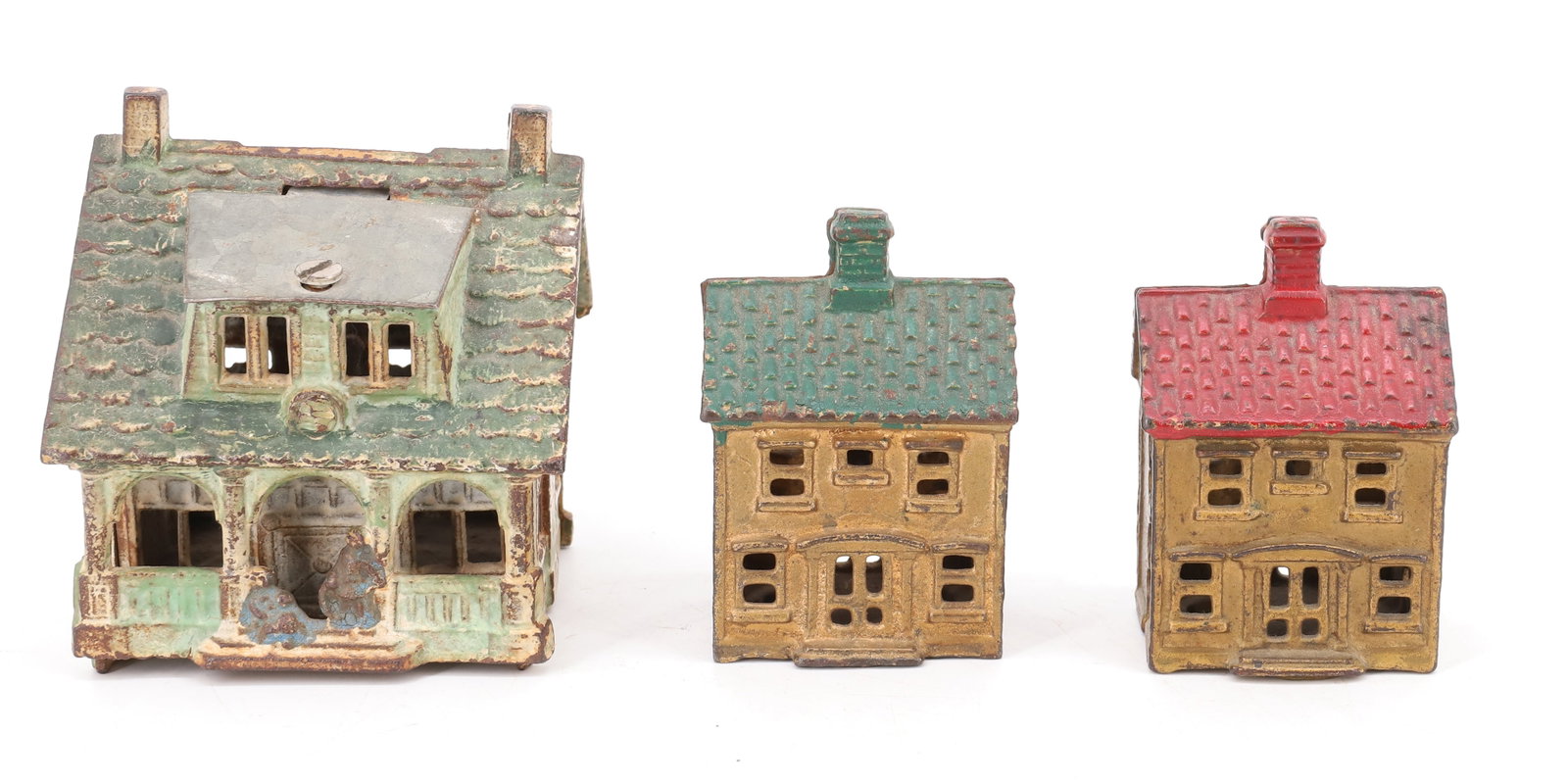 (3) CAST IRON HOUSE BANKS: TWO GOLD PAINTED TWO-STORY HOUSES WITH GREEN AND RED ROOFS 3 1/8" X 2" X 1 5/8". WITH, LARGER PAINTED COTTAGE WITH DORMERS. 3 3/4" X 3 1/2" X 3 1/4". PLEASE READ CAREFULLY - ITEMS MUST BE PAID FOR