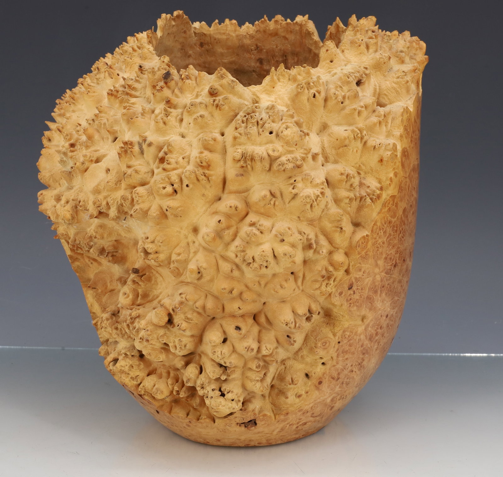 BOB WOMACK CARVED BURL VASE: "BIG LEAF MAPLE BURL...2001" ON BOTTOM. 9 1/4" H. PLEASE READ CAREFULLY - ITEMS MUST BE PAID FOR THROUGH LIVE AUCTIONEERS OR WITH CASH OR CHECK IN PERSON - Terms for Purchasing and Shipping of