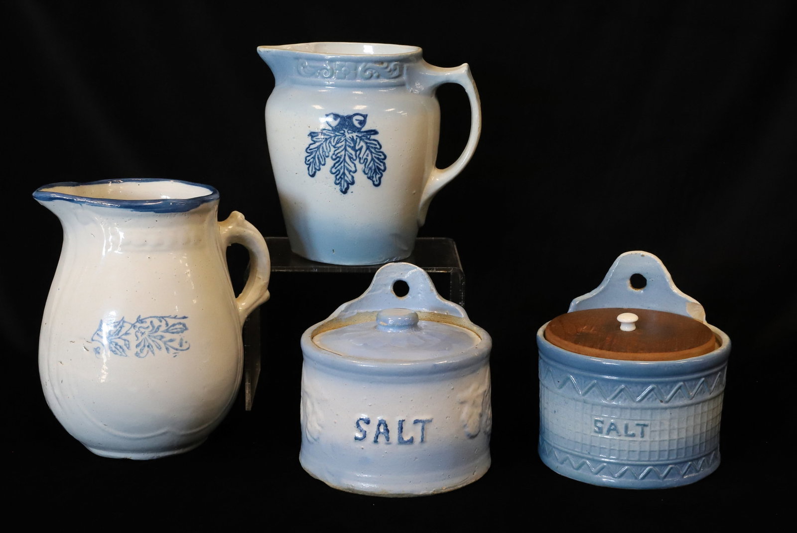 (4) BLUE/WHITE STONEWARE PITCHERS AND SALTS (1 of 6)