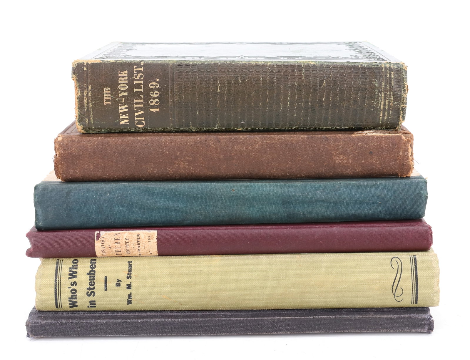 LOT OF STEUBEN COUNTY NY BOOKS AND MORE: INCLUDING: STEUBEN COUNTY DIRECTORY 1868-9. RURAL DIRECTORY OF STEUBEN COUNTY NEW YORK 1917-1922. HISTORY OF THE SETTLEMENT OF STEUBEN COUNTY, NY (300 COPIES REPRINTED 1893, #229) WHO'S WHO IN STEUBEN